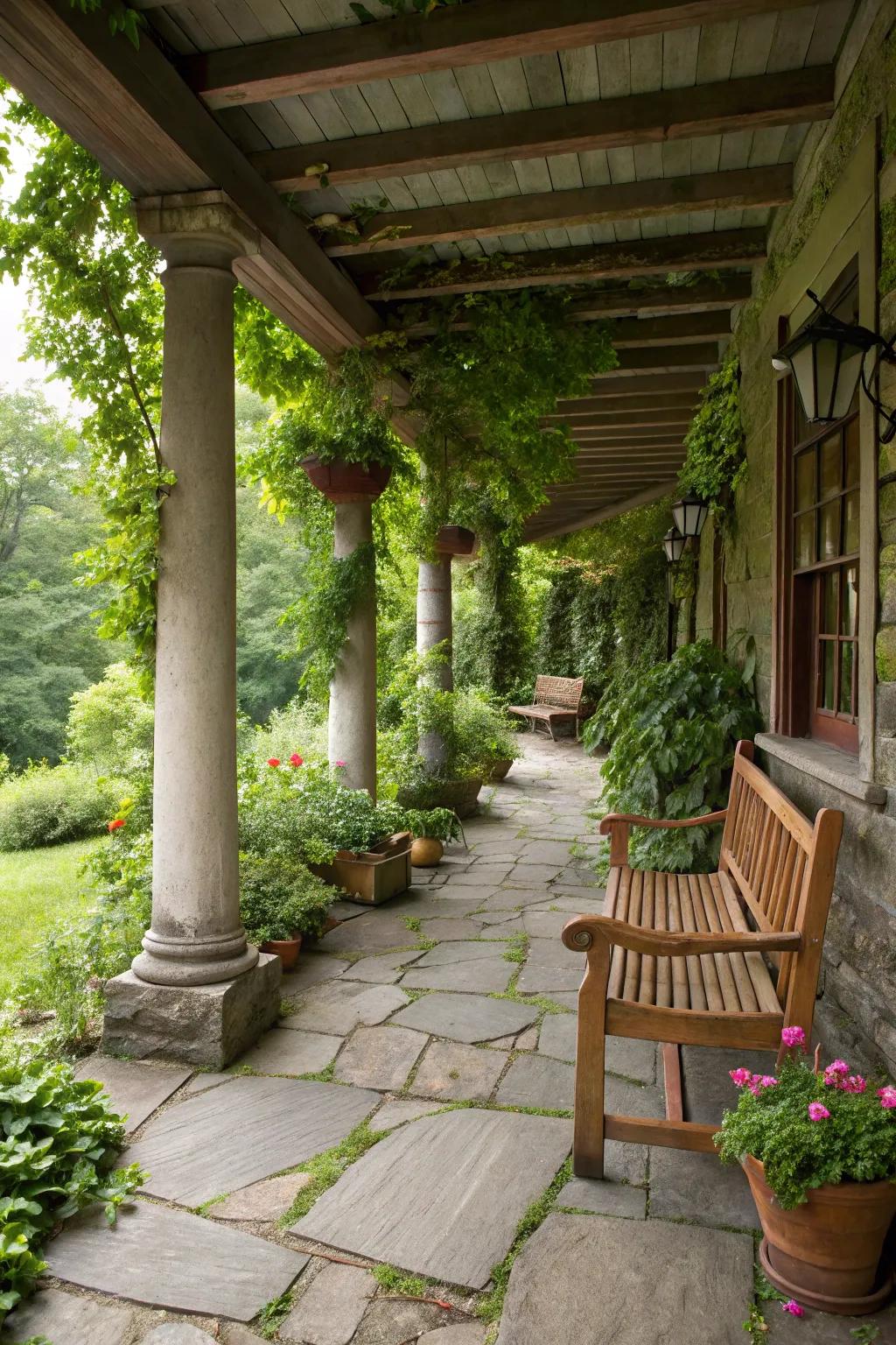 Stone-paved walkways and pillars contribute a natural element to a rustic veranda.