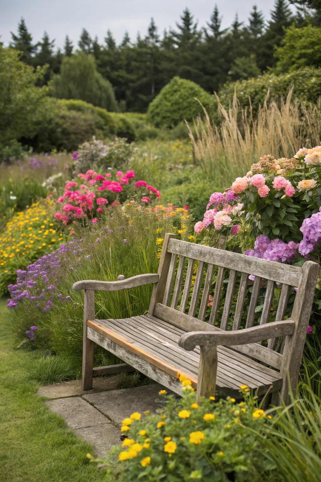A naturalistic timber bench nestled within a lively garden.