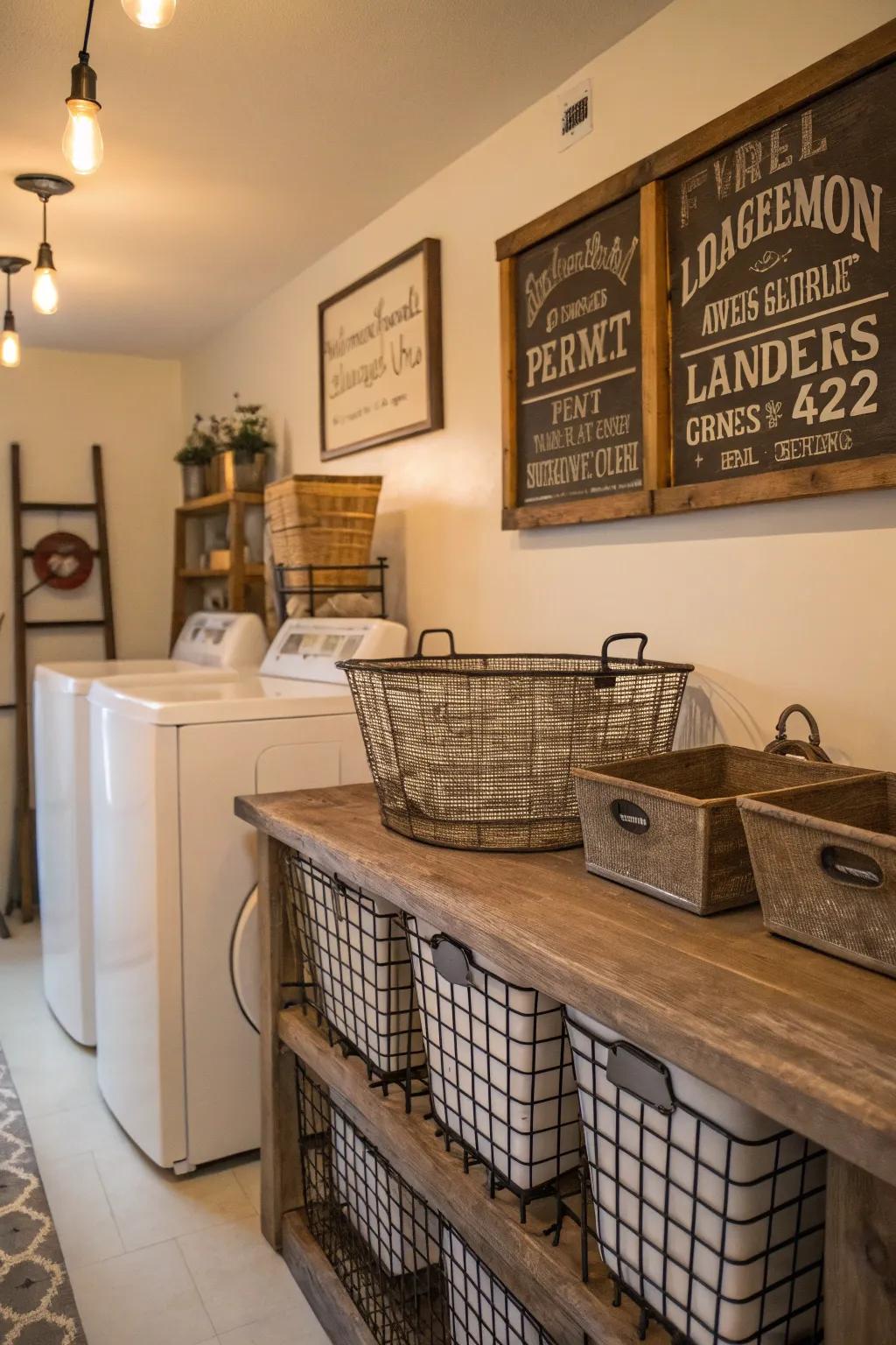Time-worn decorative features introduce nostalgic charm to the laundry zone.