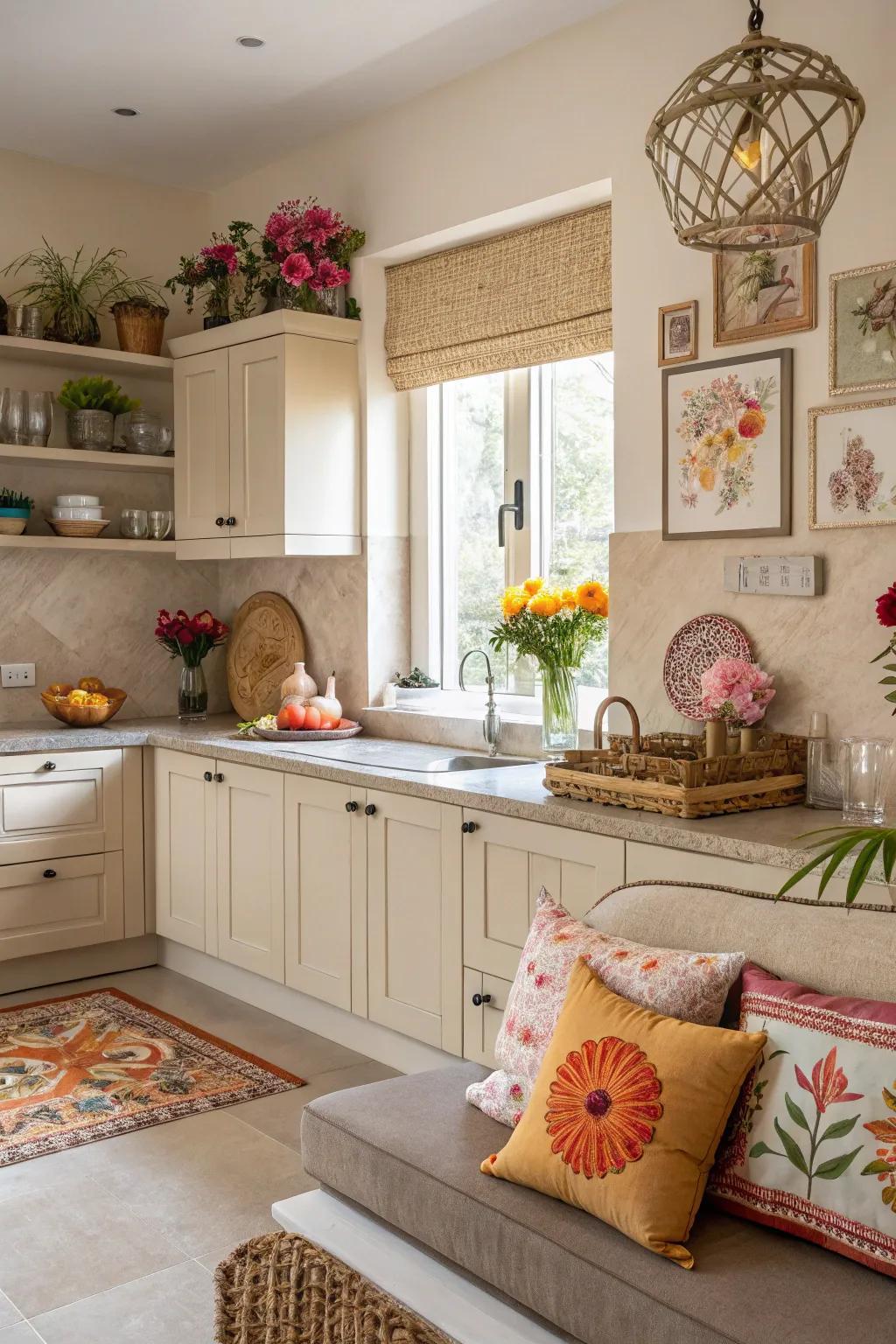 A harmonious kitchen featuring a balanced color scheme and vibrant highlights.