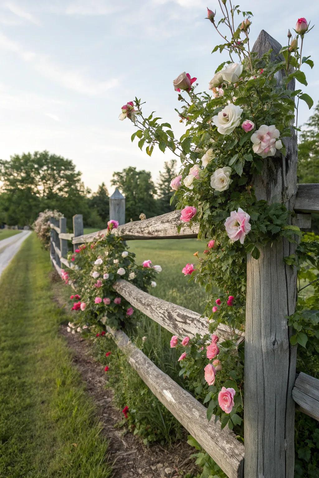 Scaling roses effortlessly embellish a provincial split rail fence.