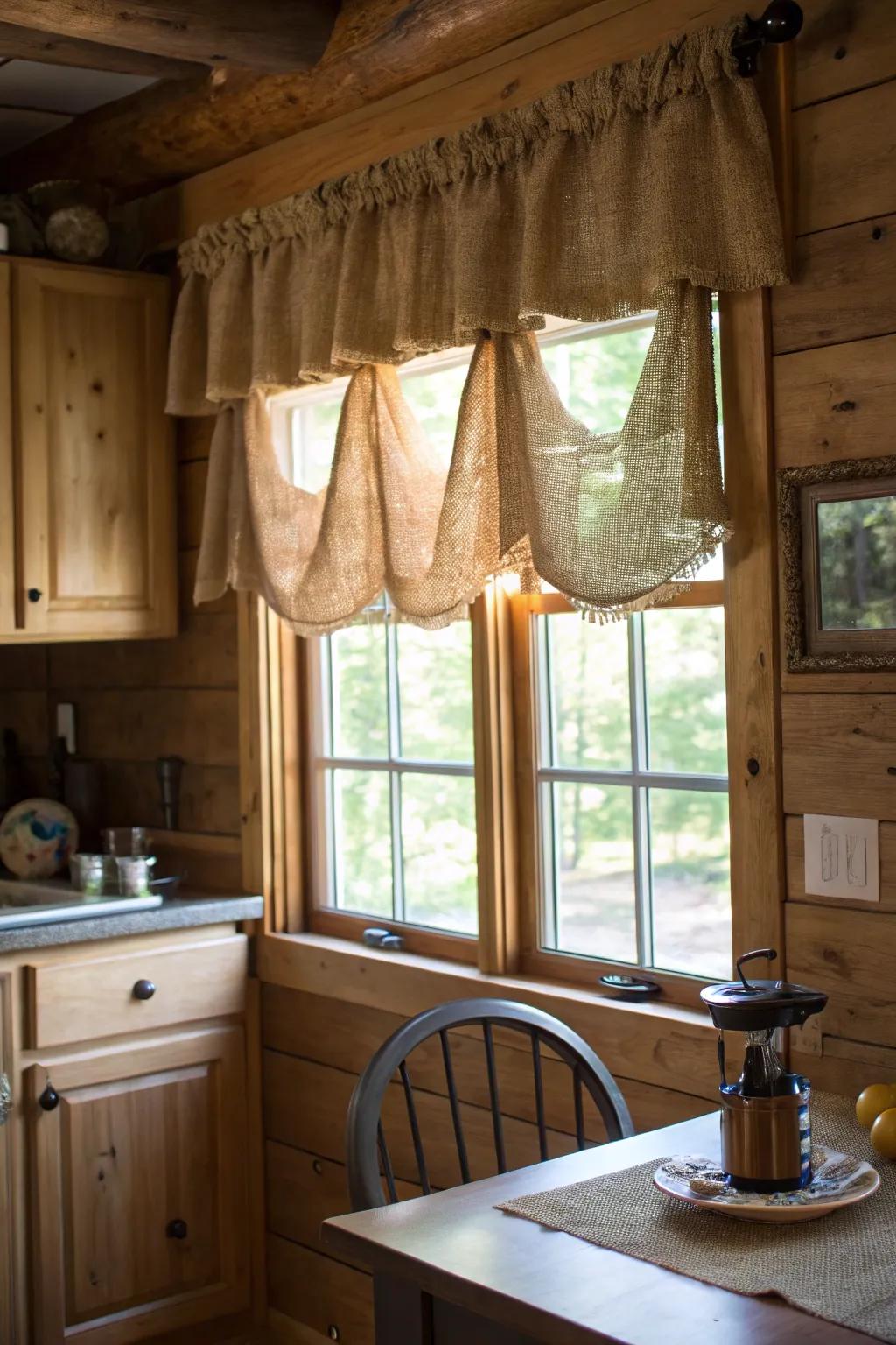 An inviting culinary space featuring a hessian cloth valance that enhances the countryside timber elements of the setting.