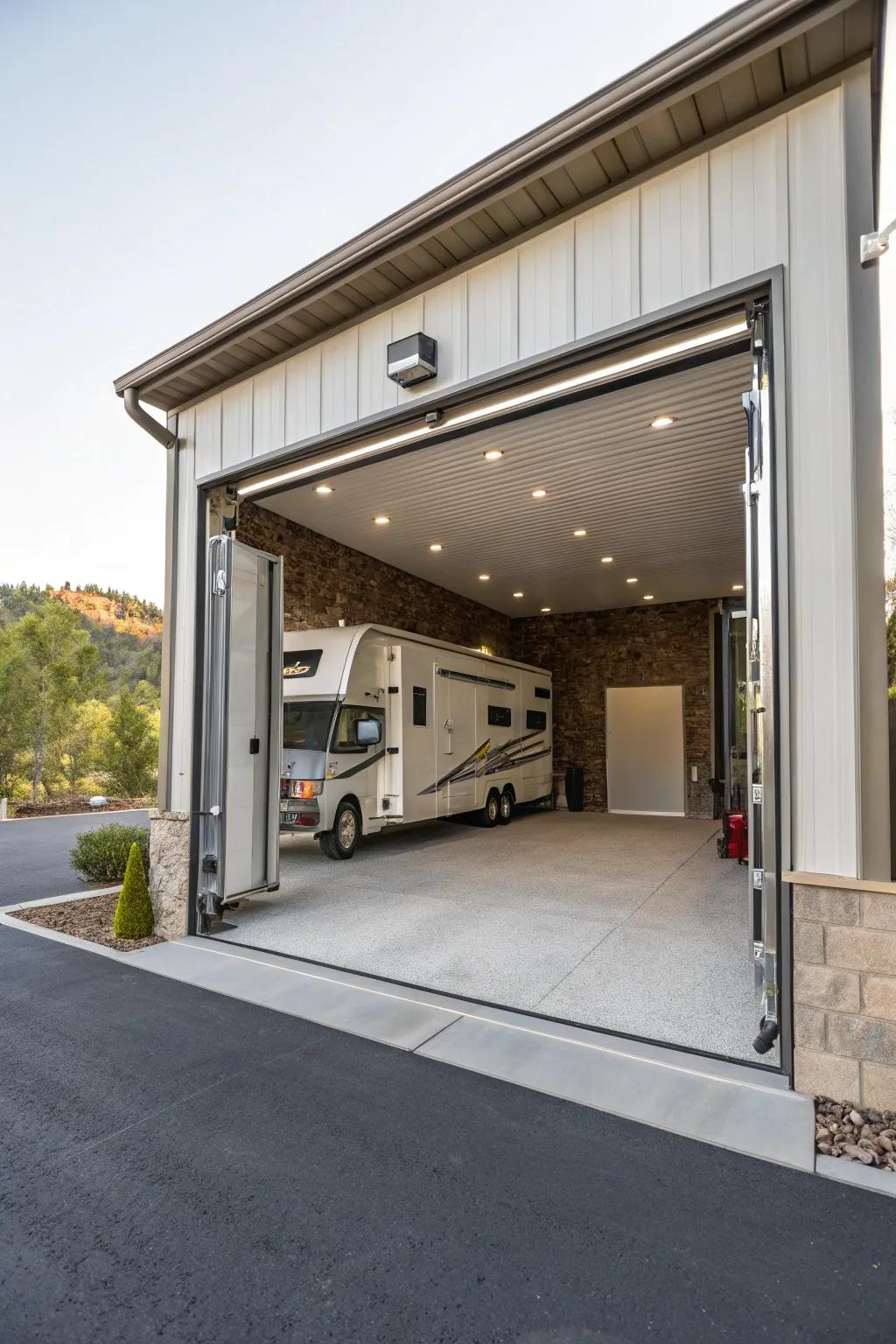 A drive-thru bay in an RV garage offers straightforward entry and exit.