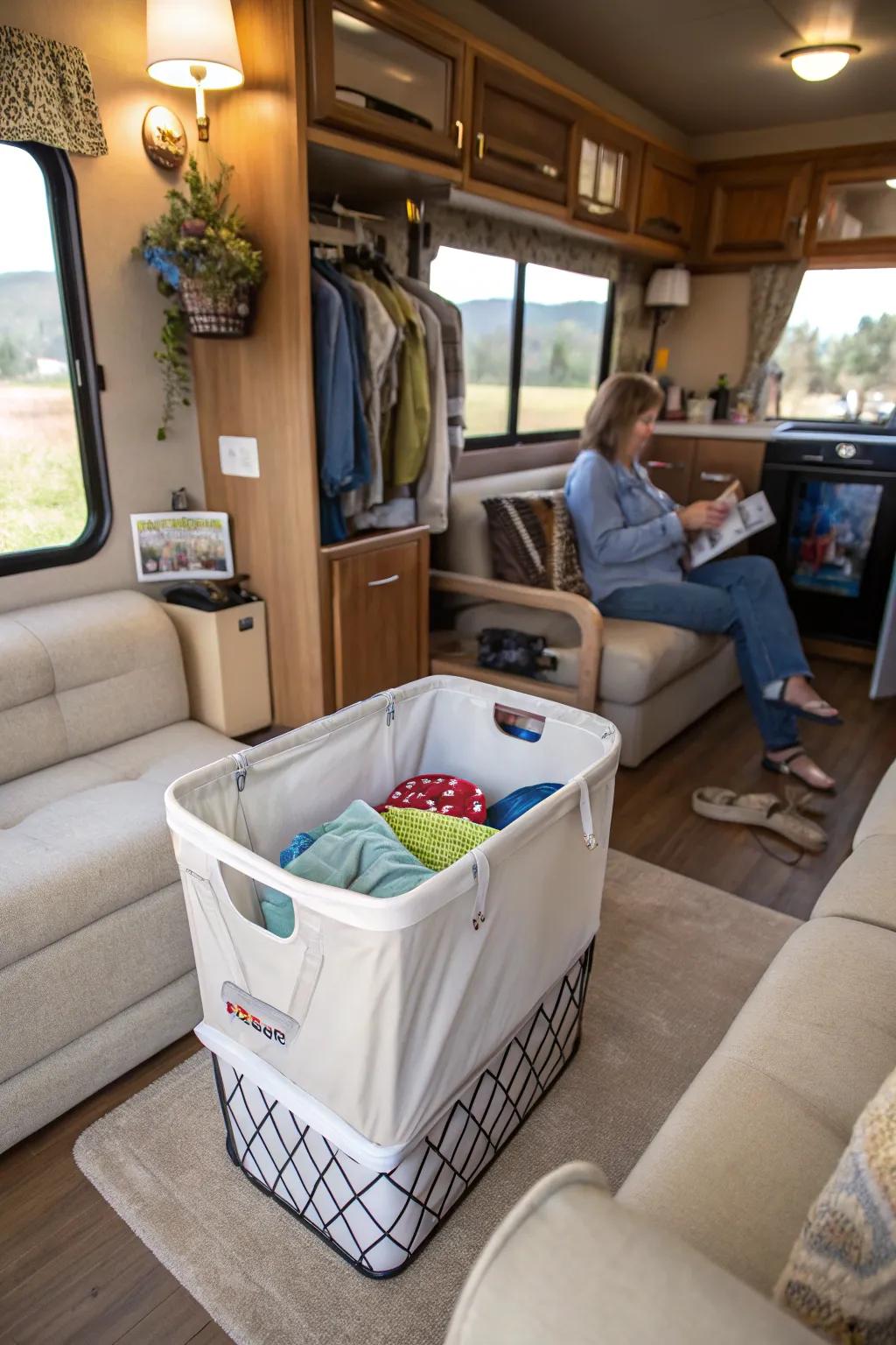 A space-saving hamper that also acts as a seat in an RV.