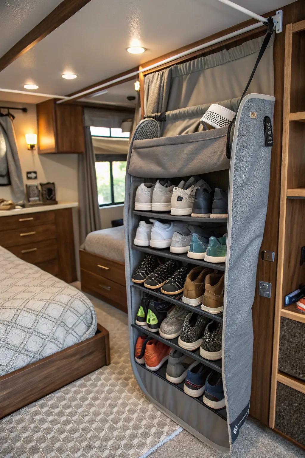 Leverage beneath-bed space with a resourceful shoe platform solution.