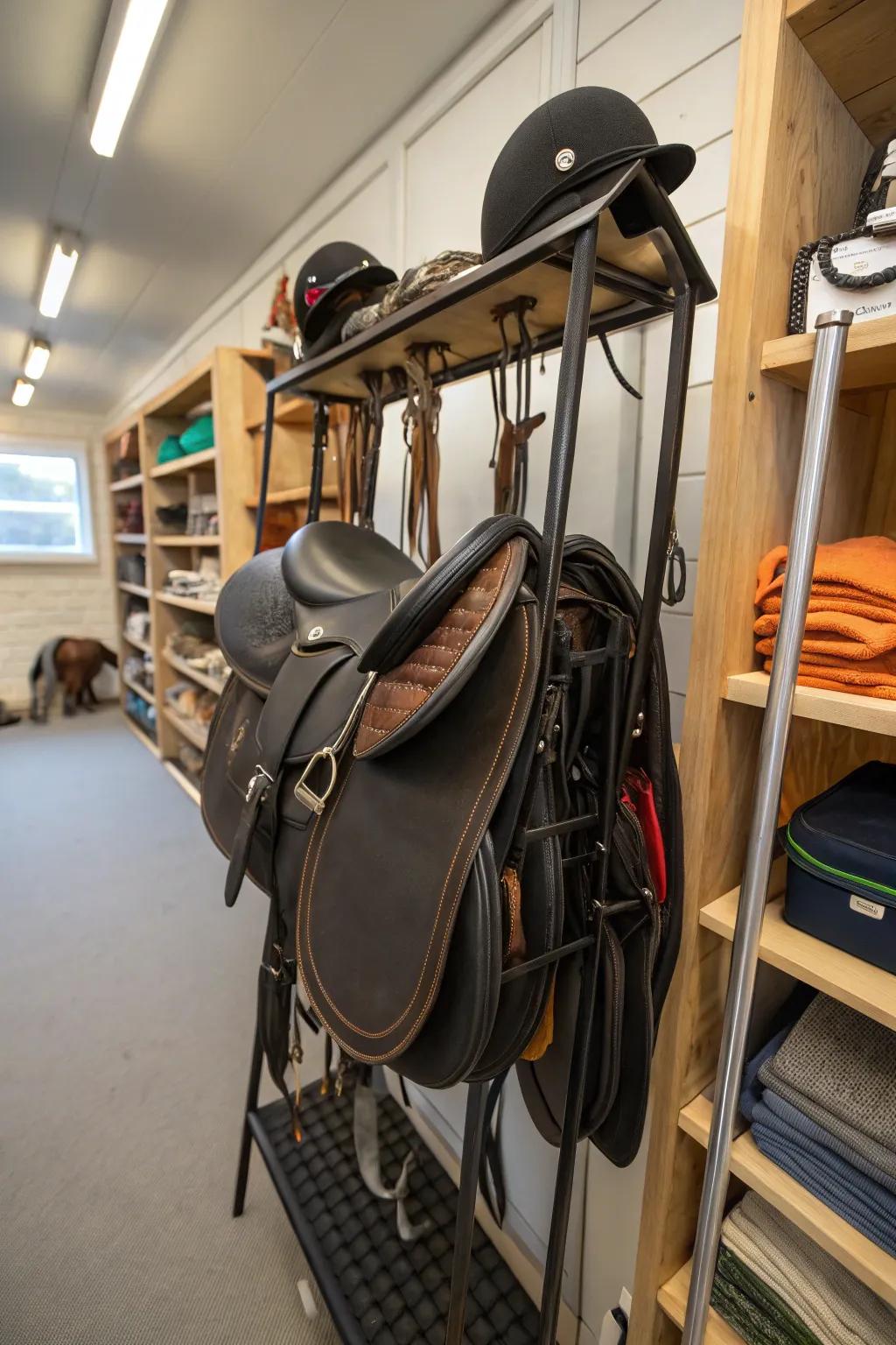 Efficiently stack equine seats utilizing tiered supports.