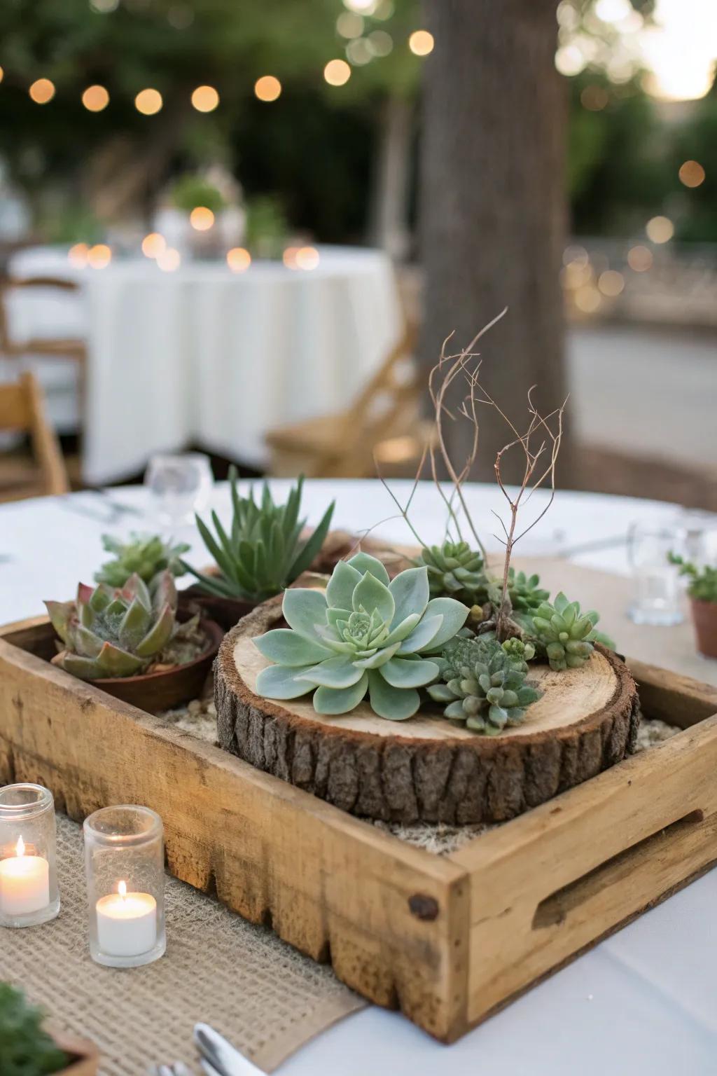 A rustic centerpiece that unifies natural textures alongside soothing verdant hues.