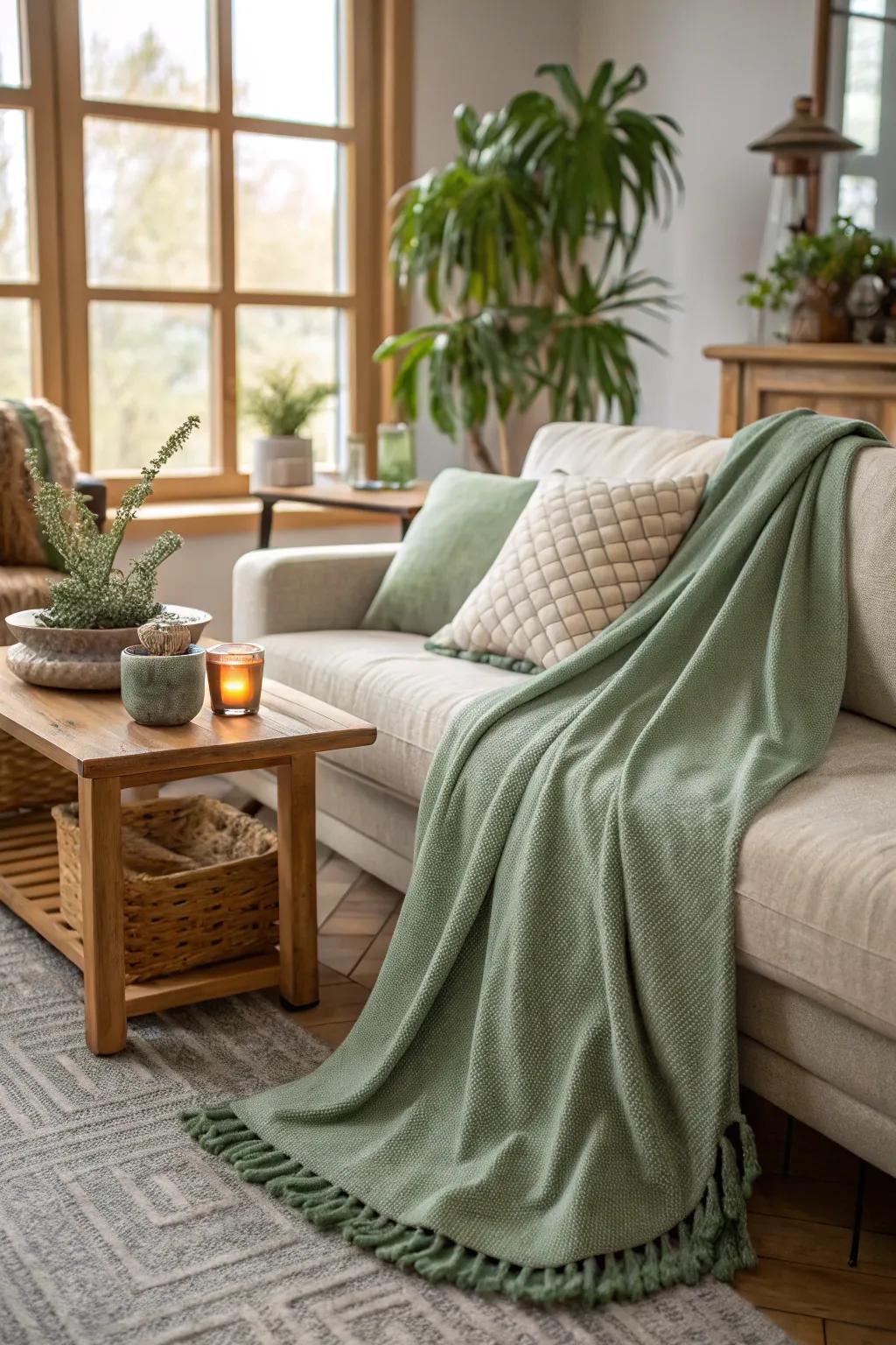 A plush sage green throw enriches your home with warmth and aesthetic charm.