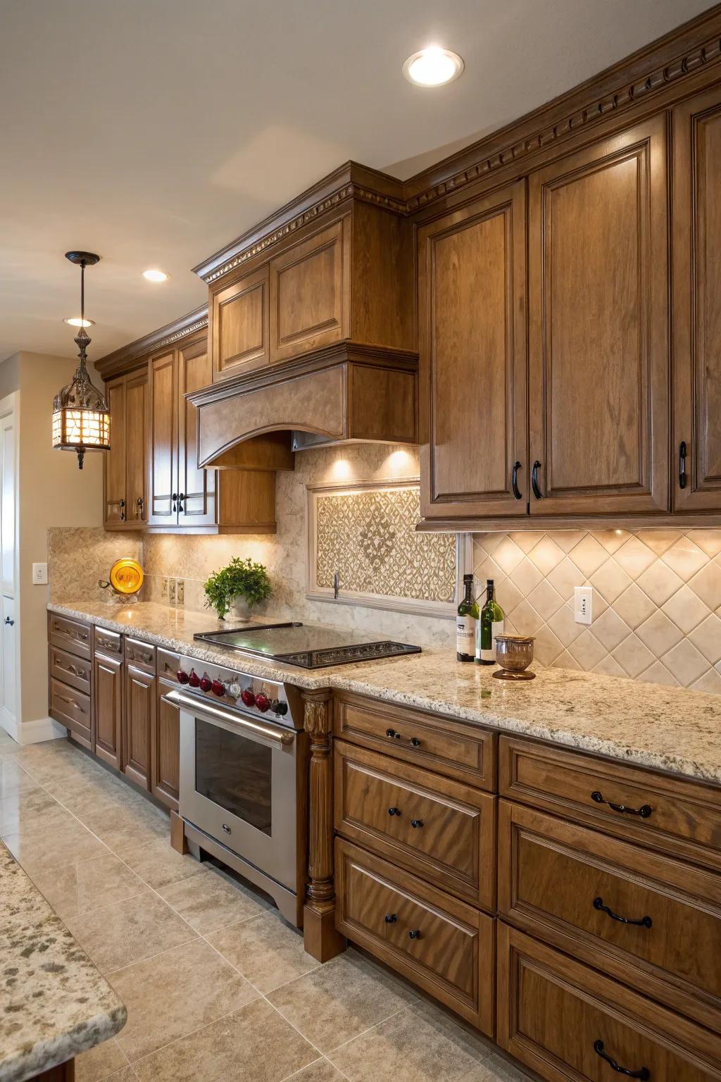 Warm taupe tiles beautifully complement the golden tones within Santa Cecilia granite.