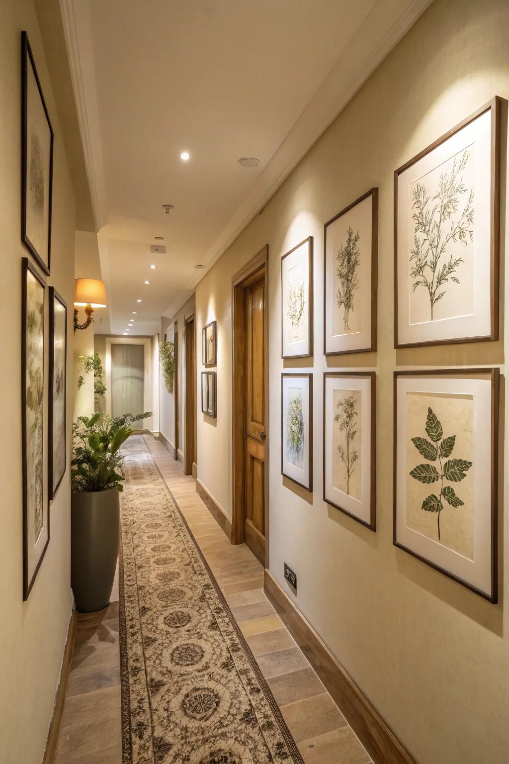 A hallway exhibiting a curated collection of simple botanical prints amid a neutral color scheme