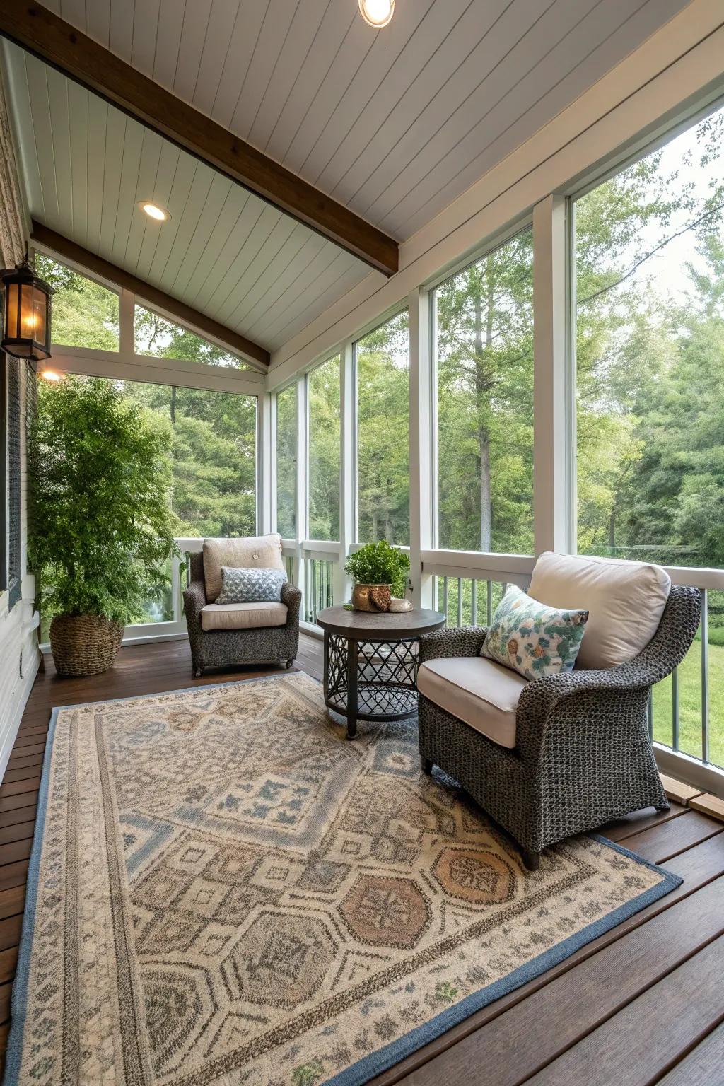 An indoor-outdoor lounge on the porch presents both comfort and panache.