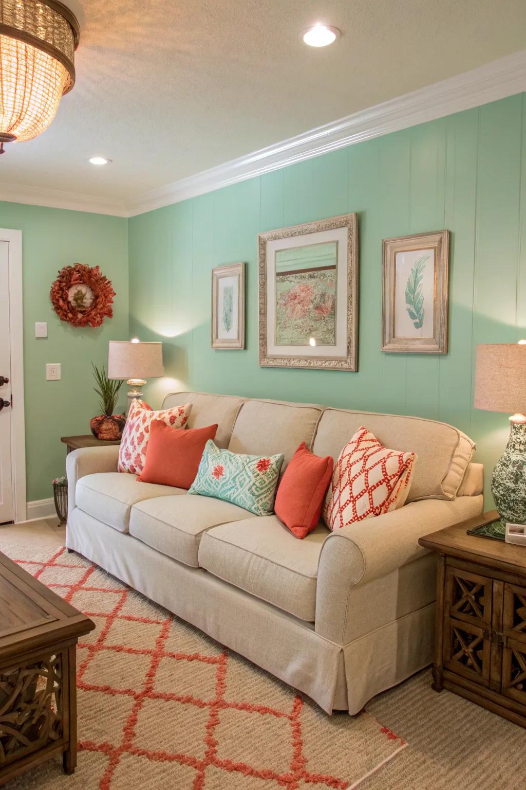 A coastal-inspired living area showcasing seafoam green painted walls and vivid accents.