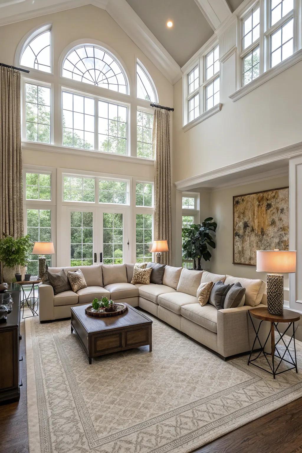 U-shaped sectionals establish an inviting and all-encompassing seating space.