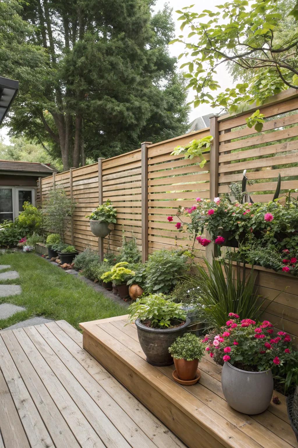 Sleek horizontal planking introduces a contemporary element to this verdant backyard retreat.