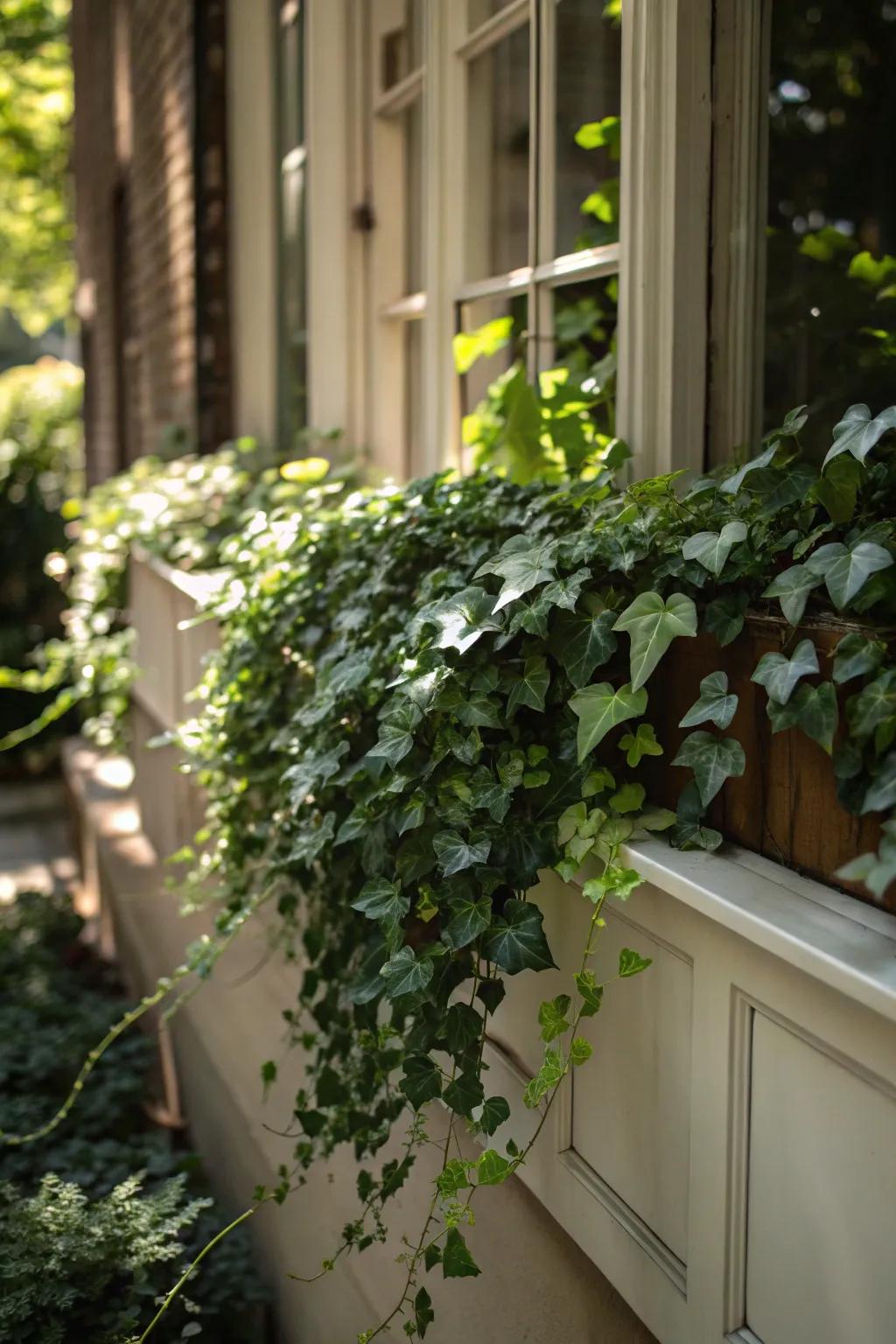 English ivy hangs gracefully, providing an element of sophistication.