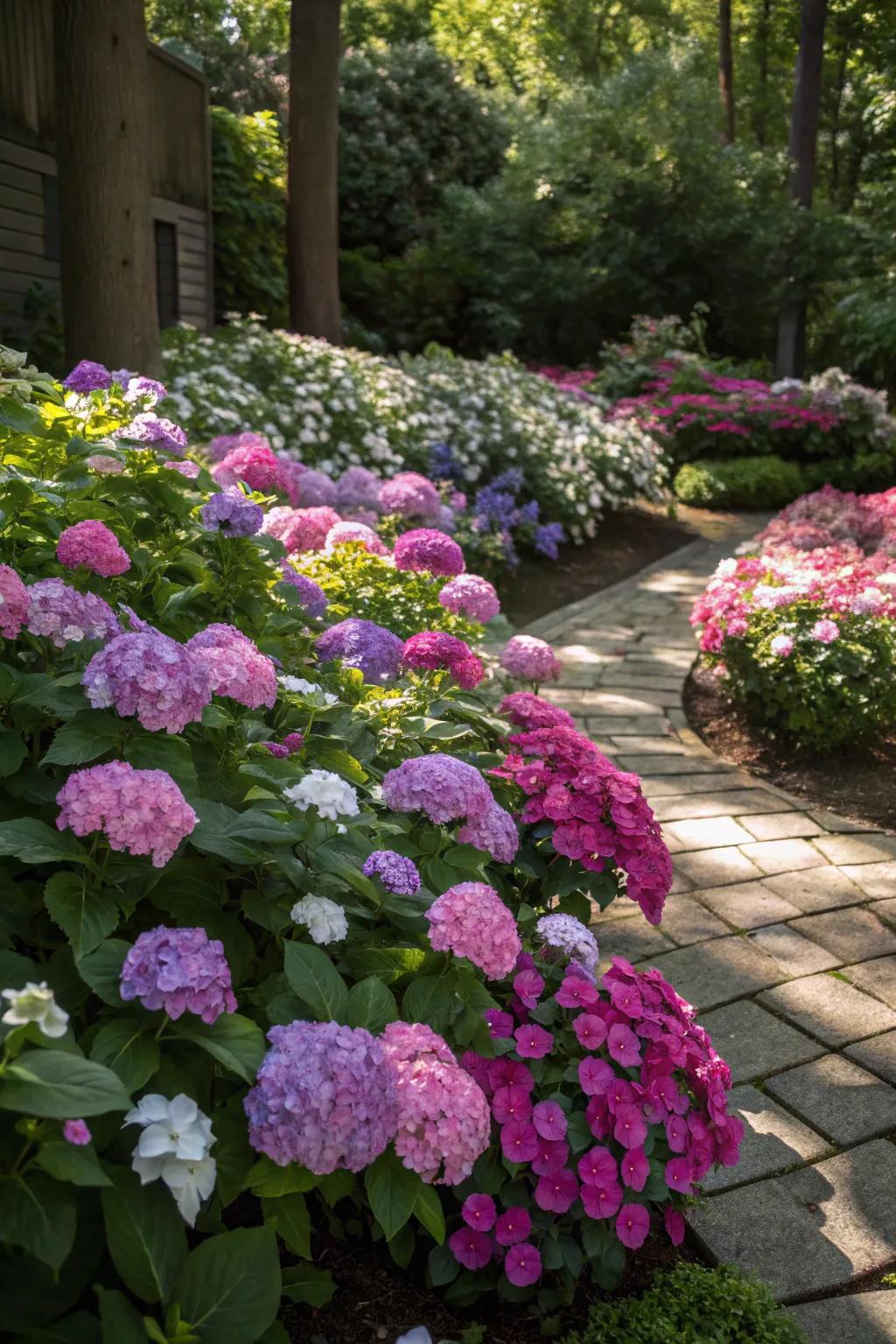 Radiant hydrangeas and impatiens introducing color to the shade.