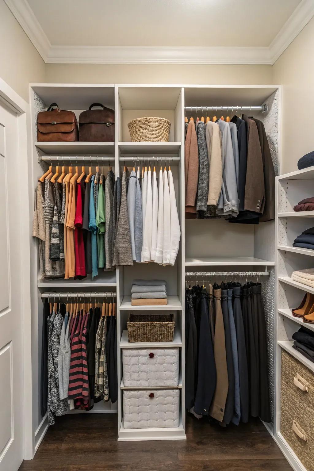 A closet optimizing height with elevated shelving and multiple rails.