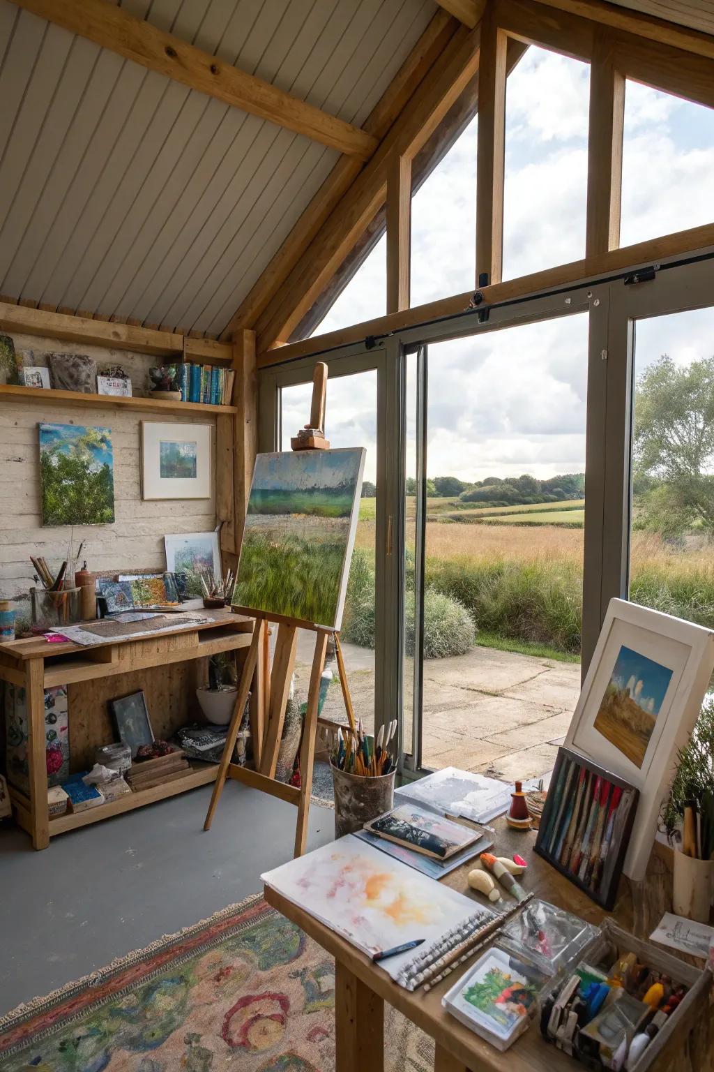 Fill your she shed with natural light using large windows, perfect for an artist's studio.