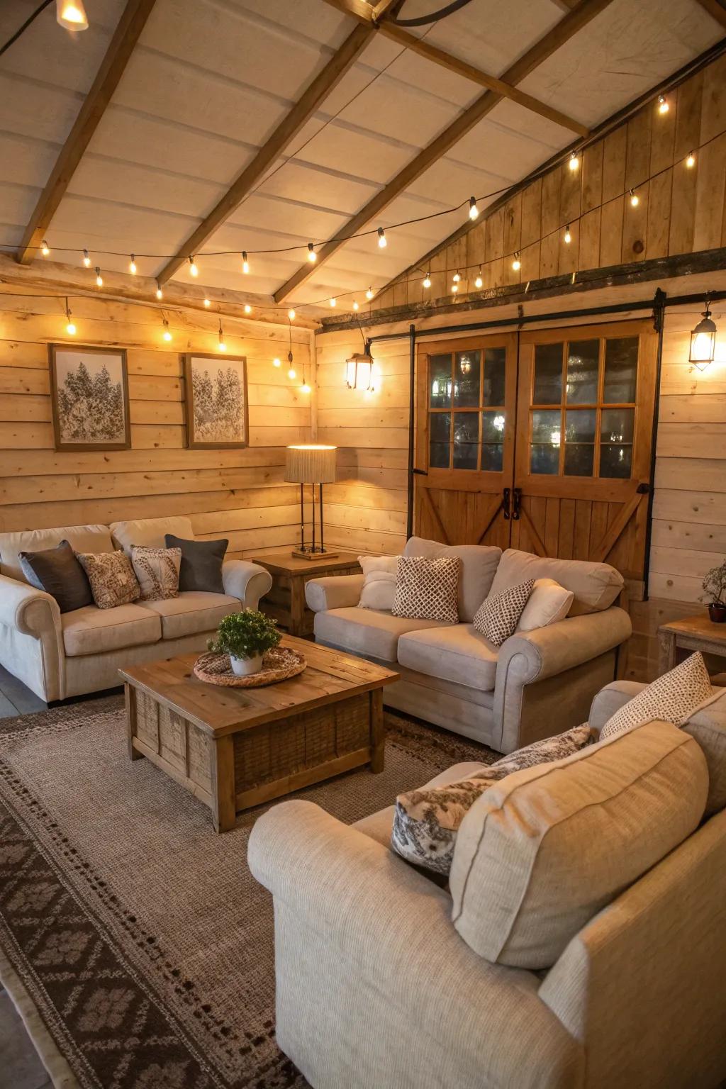 A comfortable living area inside a converted shed with plush furniture and subtle illumination.
