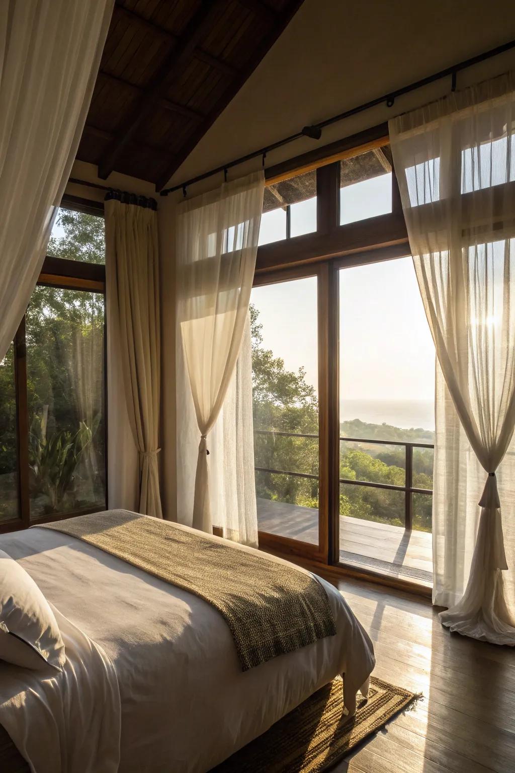 Light-filtering curtains temper and intensify sunlight, fashioning a tranquil and hospitable bedroom.