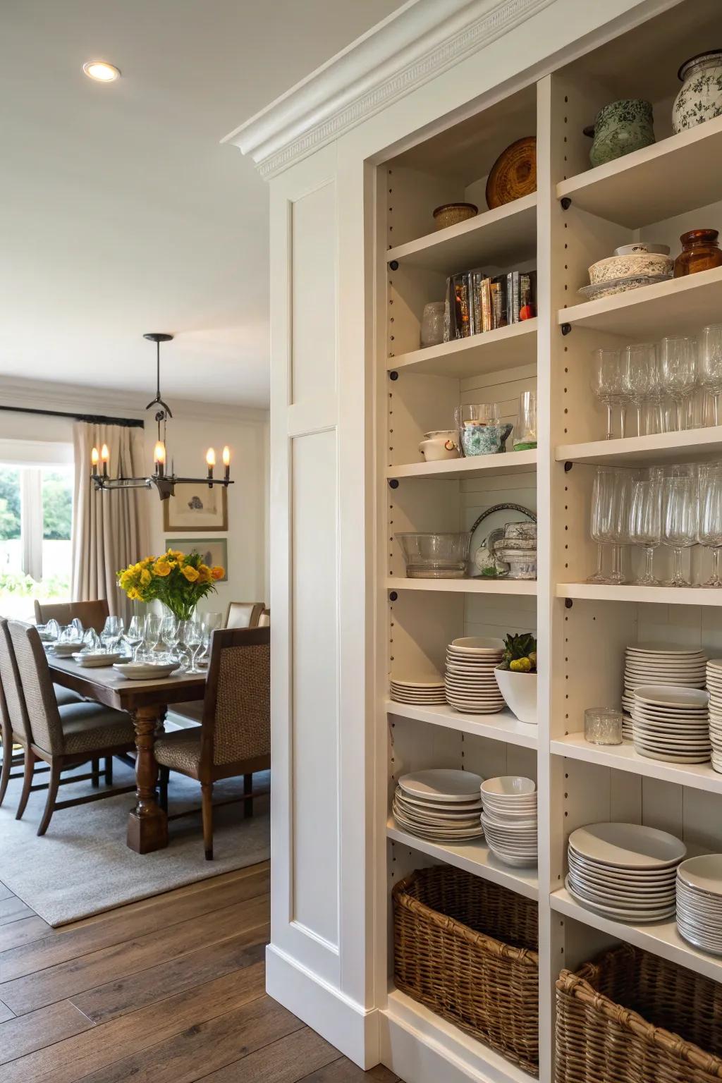Open shelving maintains accessibility and style for dining necessities.