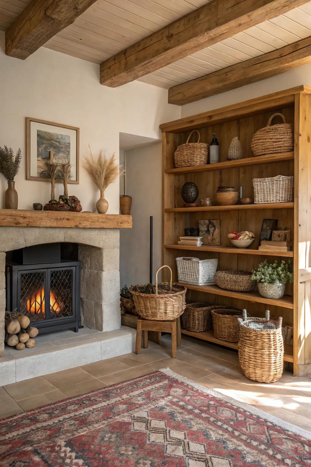 Rustic wooden shelves enrich the space with farmhouse charm.