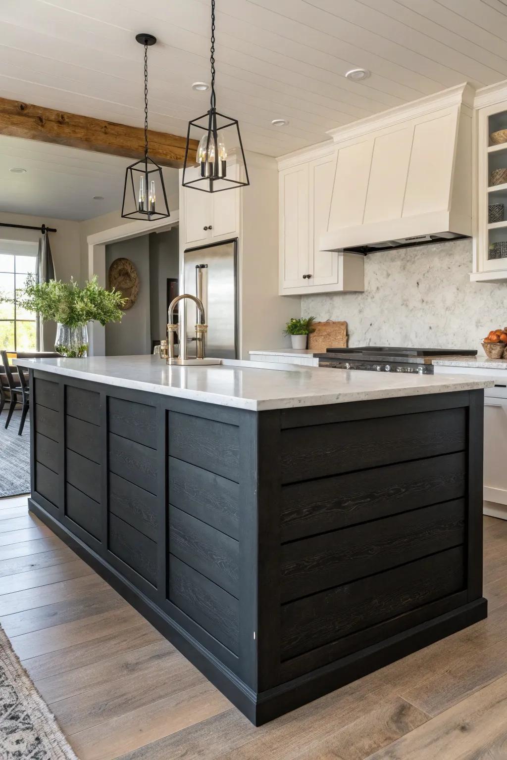Deep-toned shiplap crafts a compelling contrast against luminous stone surfaces.