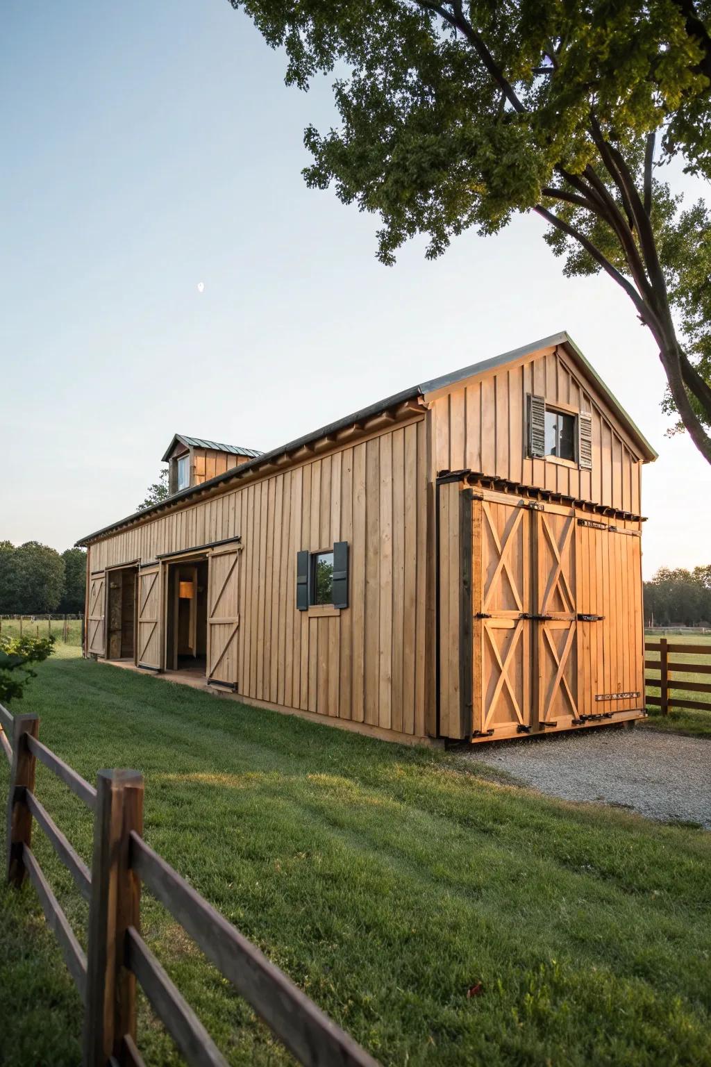 A metal box barn displaying captivating rustic components.