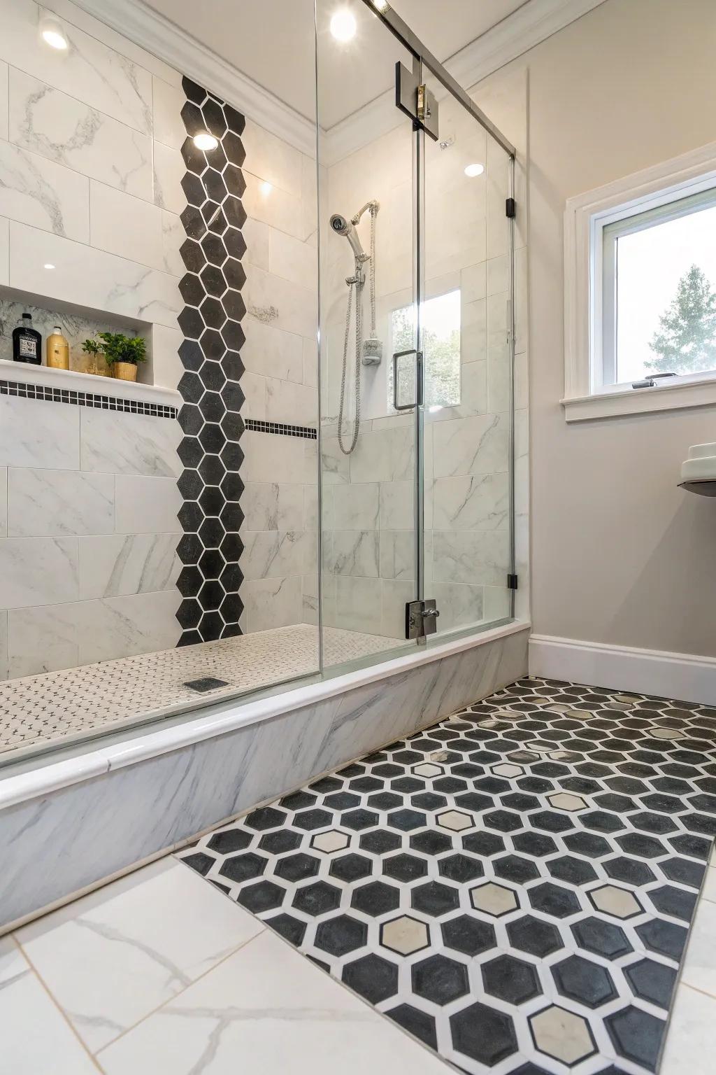 Hexagonal tiles contribute a modern and stylish element to shower curbs.