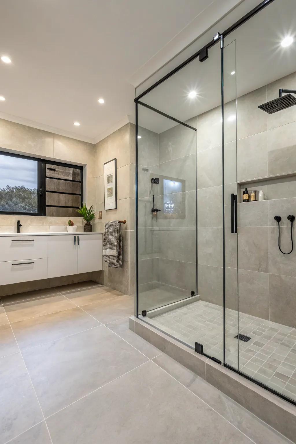 Achieve a streamlined, contemporary aesthetic with large format shower tiles.
