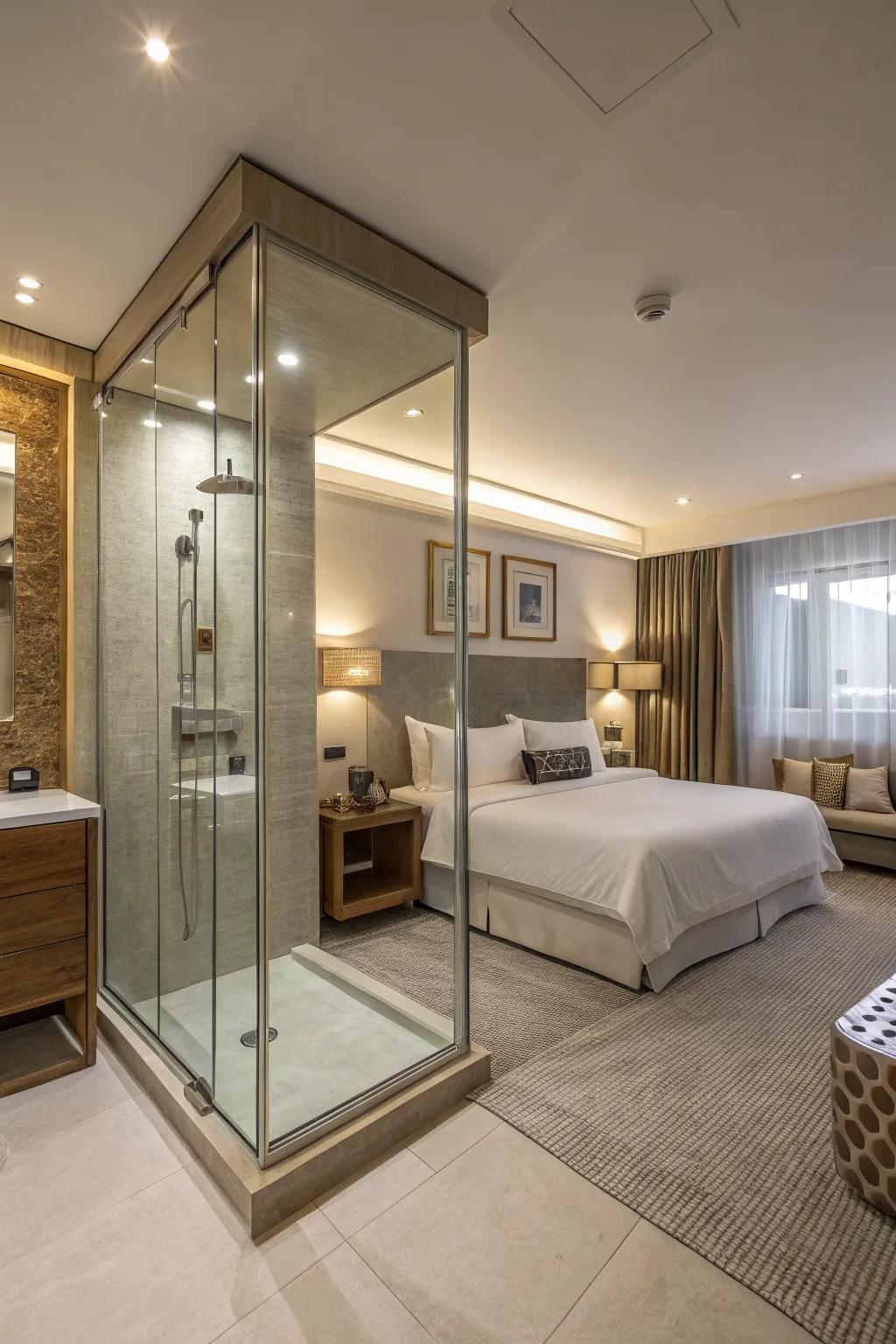 Refined glass surround lending a contemporary vibe to the bedroom shower.