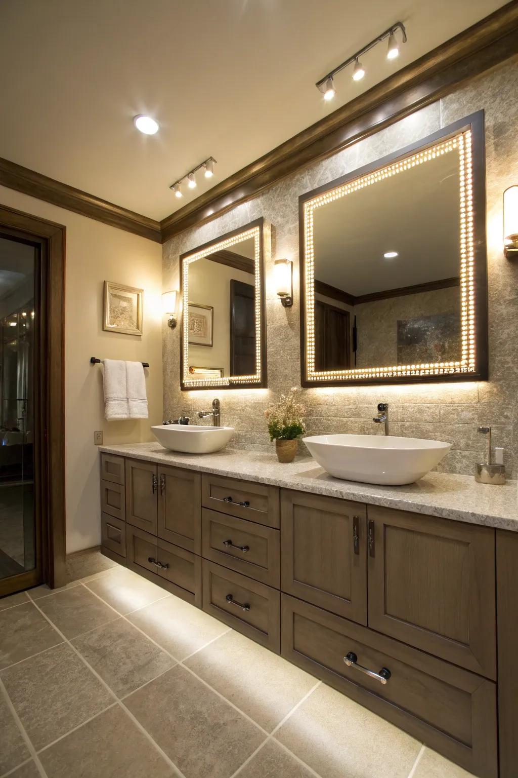 LED ribbons impart a delicate and inviting radiance to the shower vicinity.