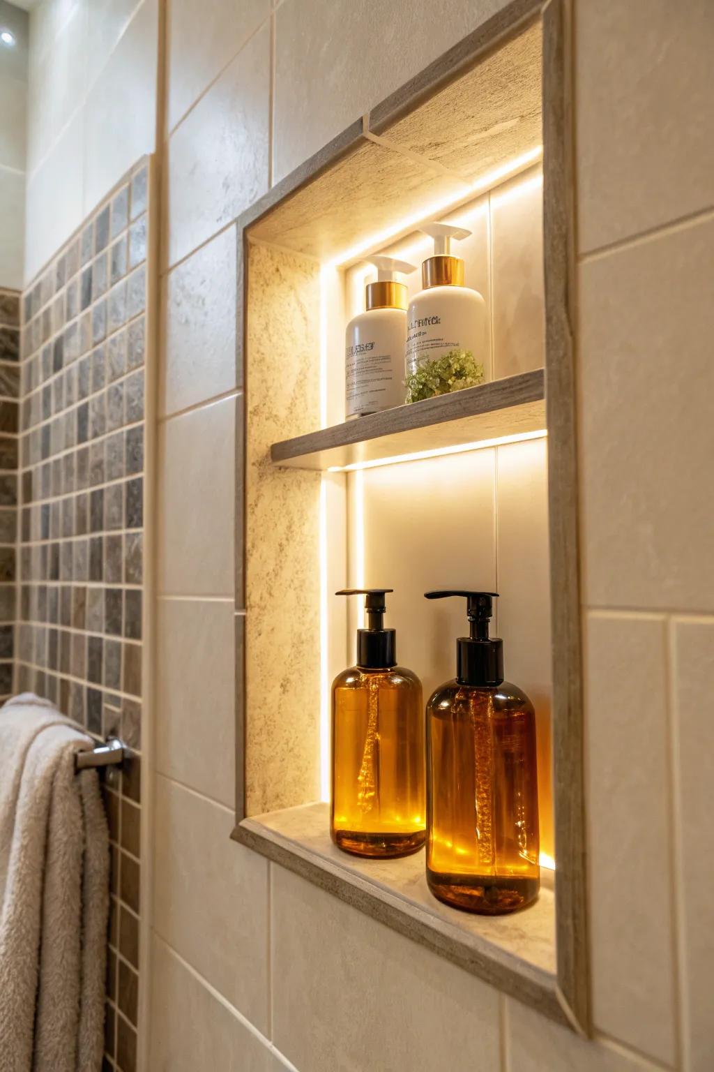 Integrated alcoves featuring LED illumination foster a cozy, welcoming ambiance.