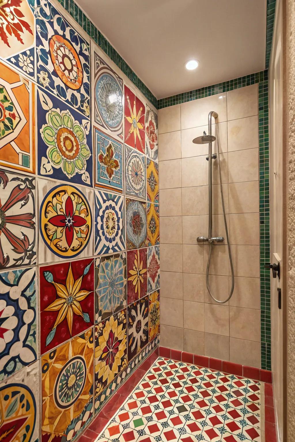 A shower stall showcasing lively tiling that creates a bold statement.