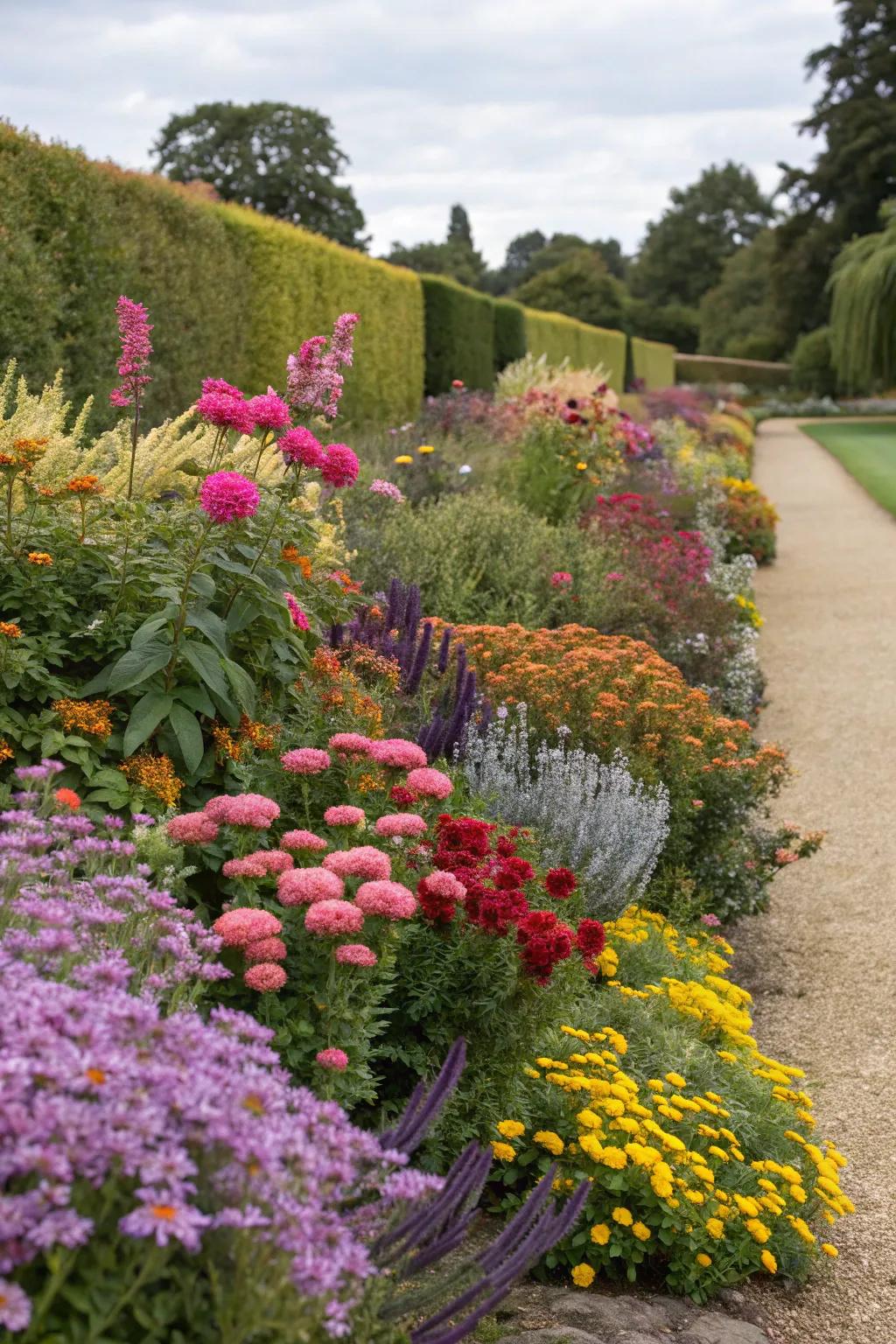 A vibrant garden boundary melding vivid blooms and bushes for heightened interest.