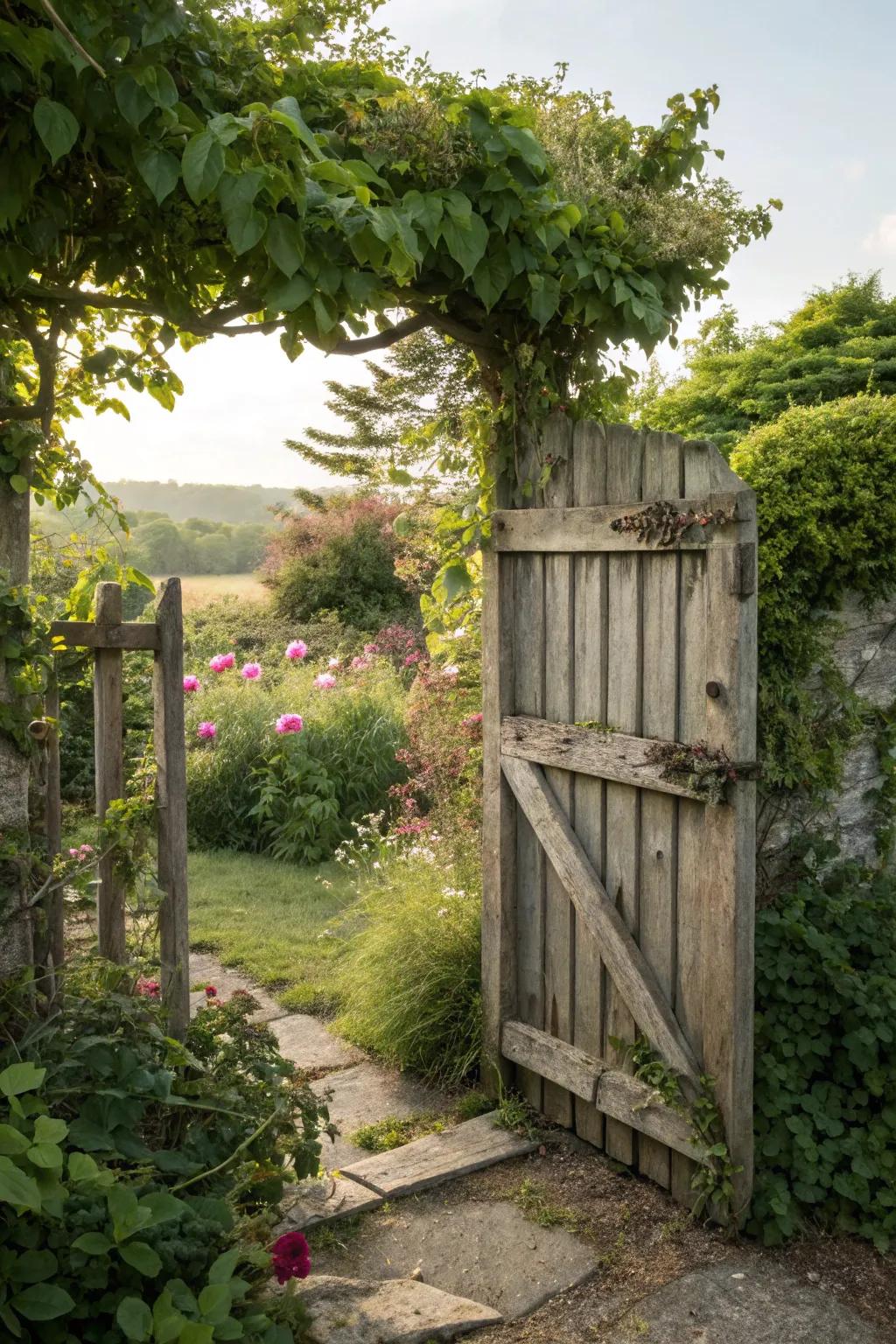A rustic wooden gate radiating the warmth of a countryside setting.