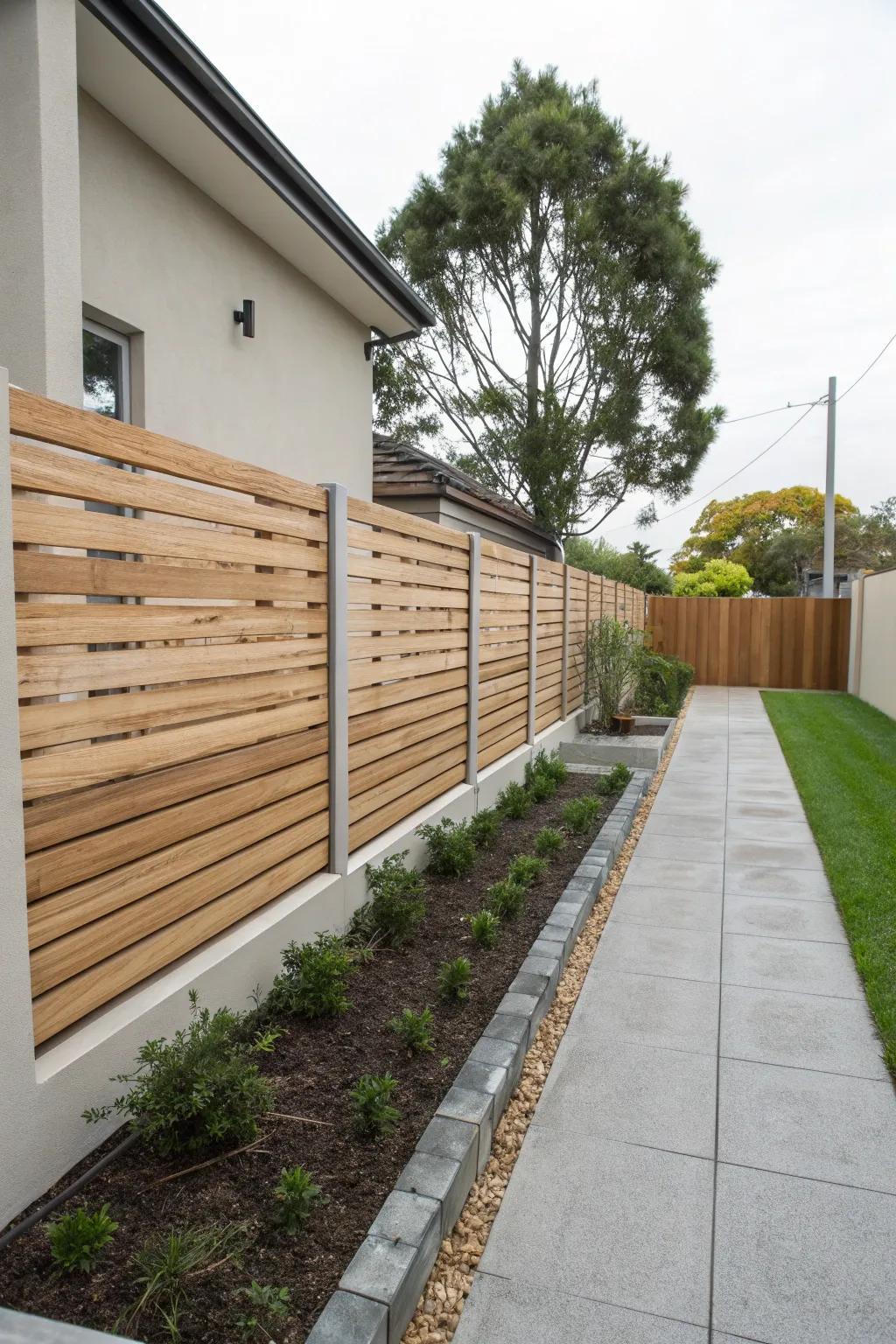Elegant side yard featuring horizontal slats.