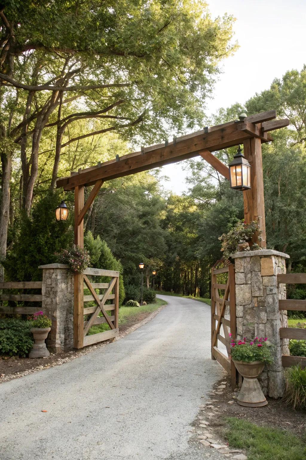 Wood beams contribute warmth and countryside refinement to driveways.