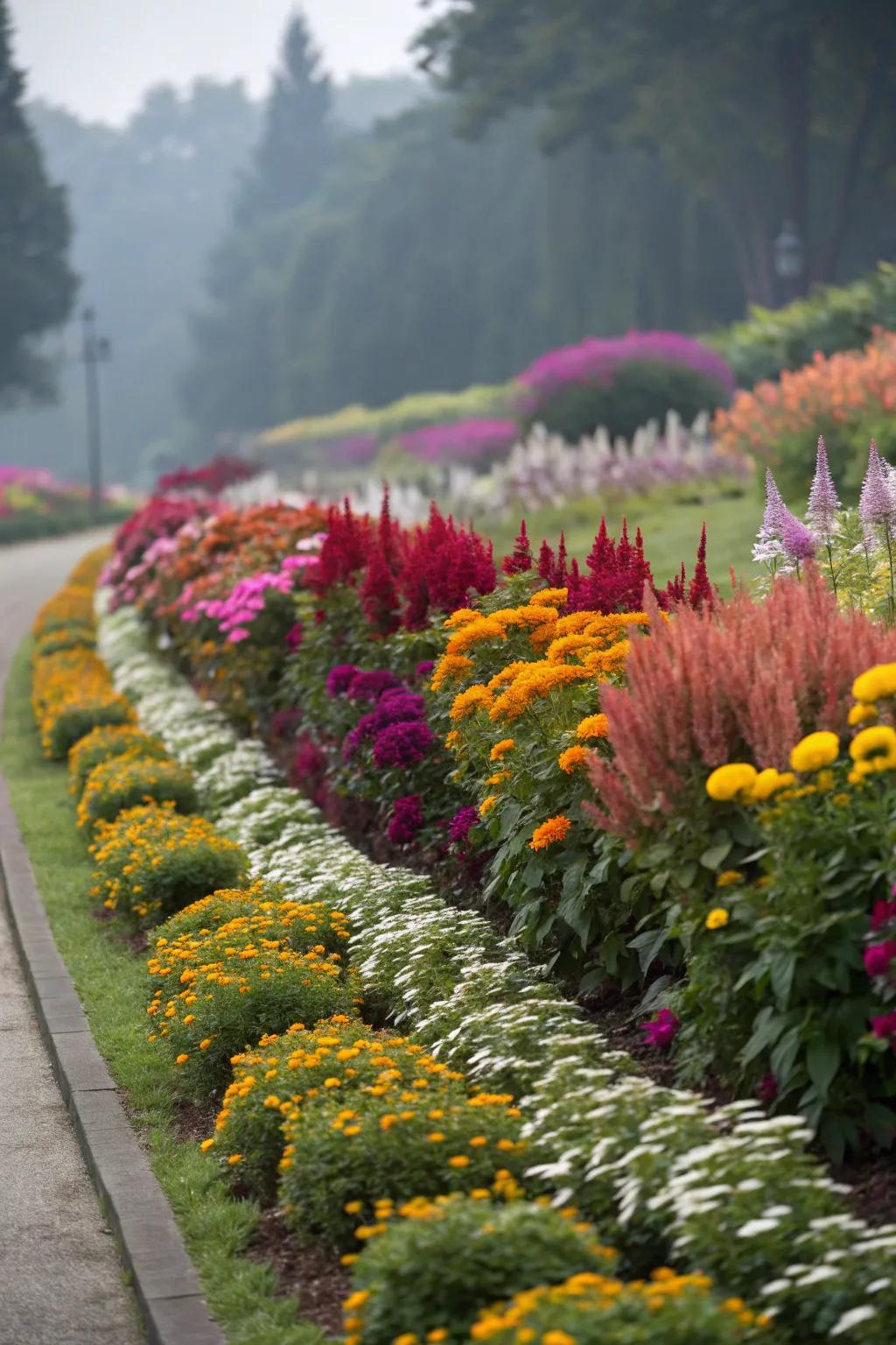 Tiered planting imbues this garden bed with magnitude and a vibrant kaleidoscope of hues.