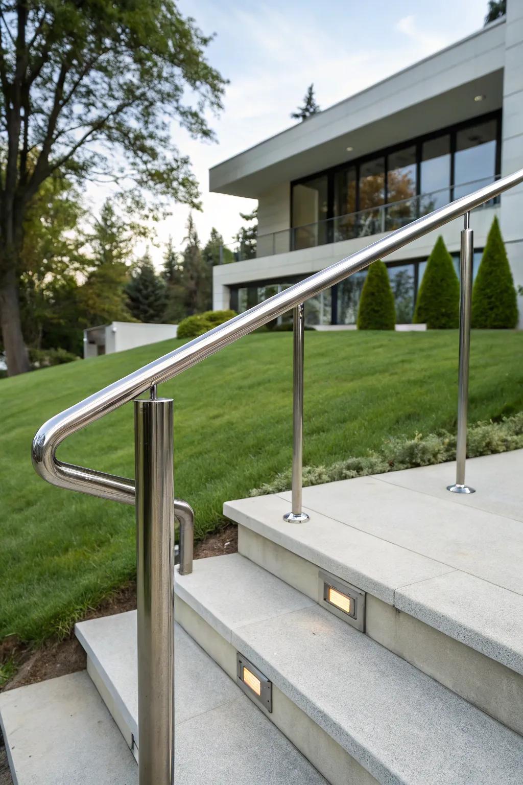 A polished metallic handrail contributes a contemporary touch to outdoor steps.