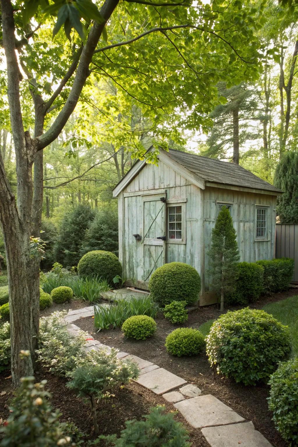 Shrubs and diminutive trees lend dimension and texture to the environment surrounding your shed.