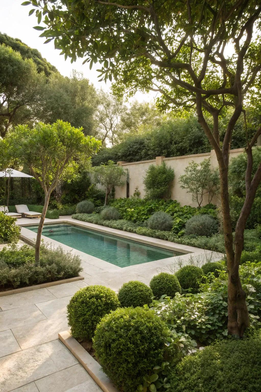 A harmonious mix of plants enhancing the poolside environment.
