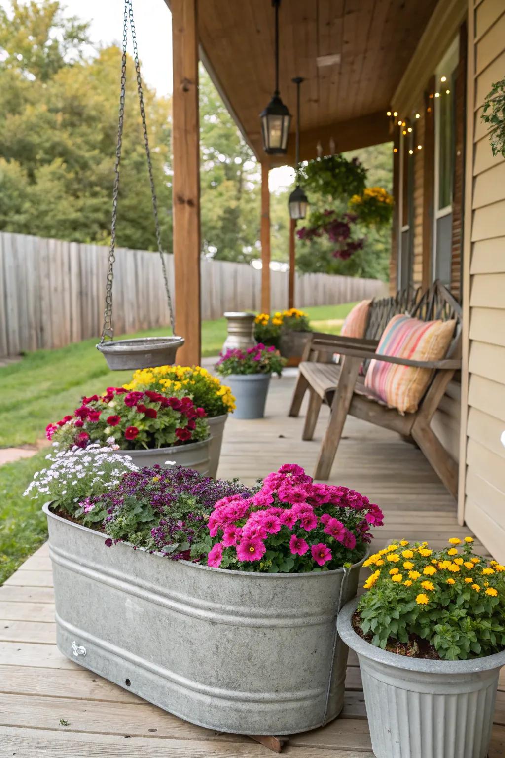 Metallic washbasins impart pastoral sophistication to any veranda.