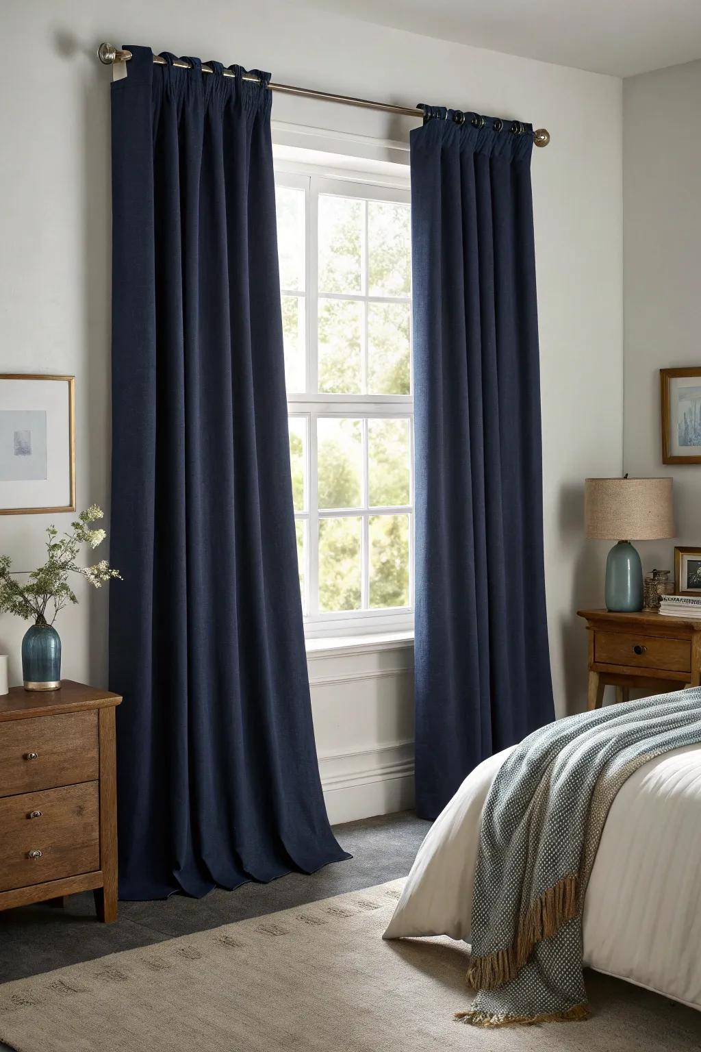 A profound cerulean dimming drape furnishes both aesthetic and utility within this restful chamber.