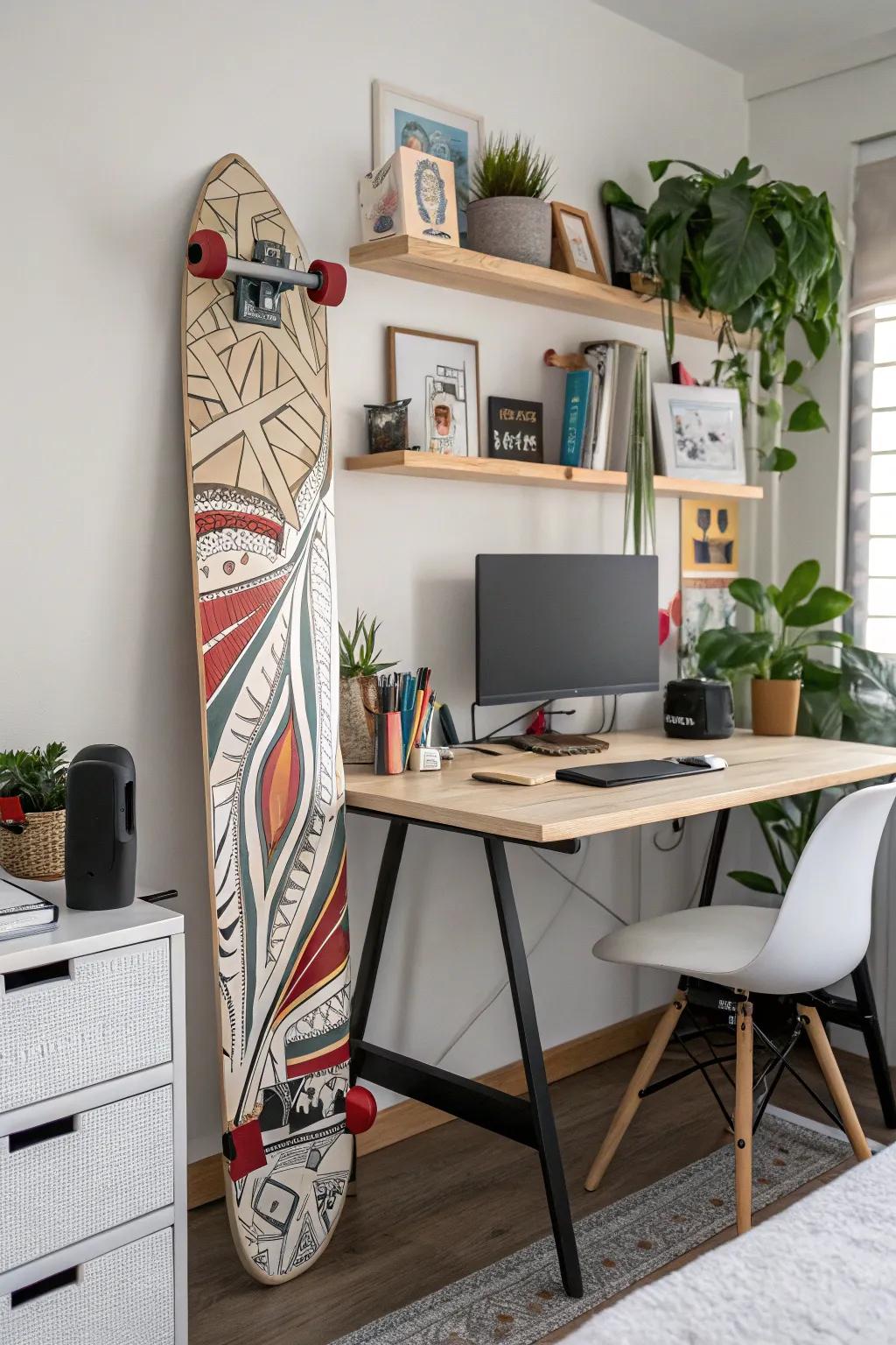 Infuse your workspace with creativity using skateboard art.