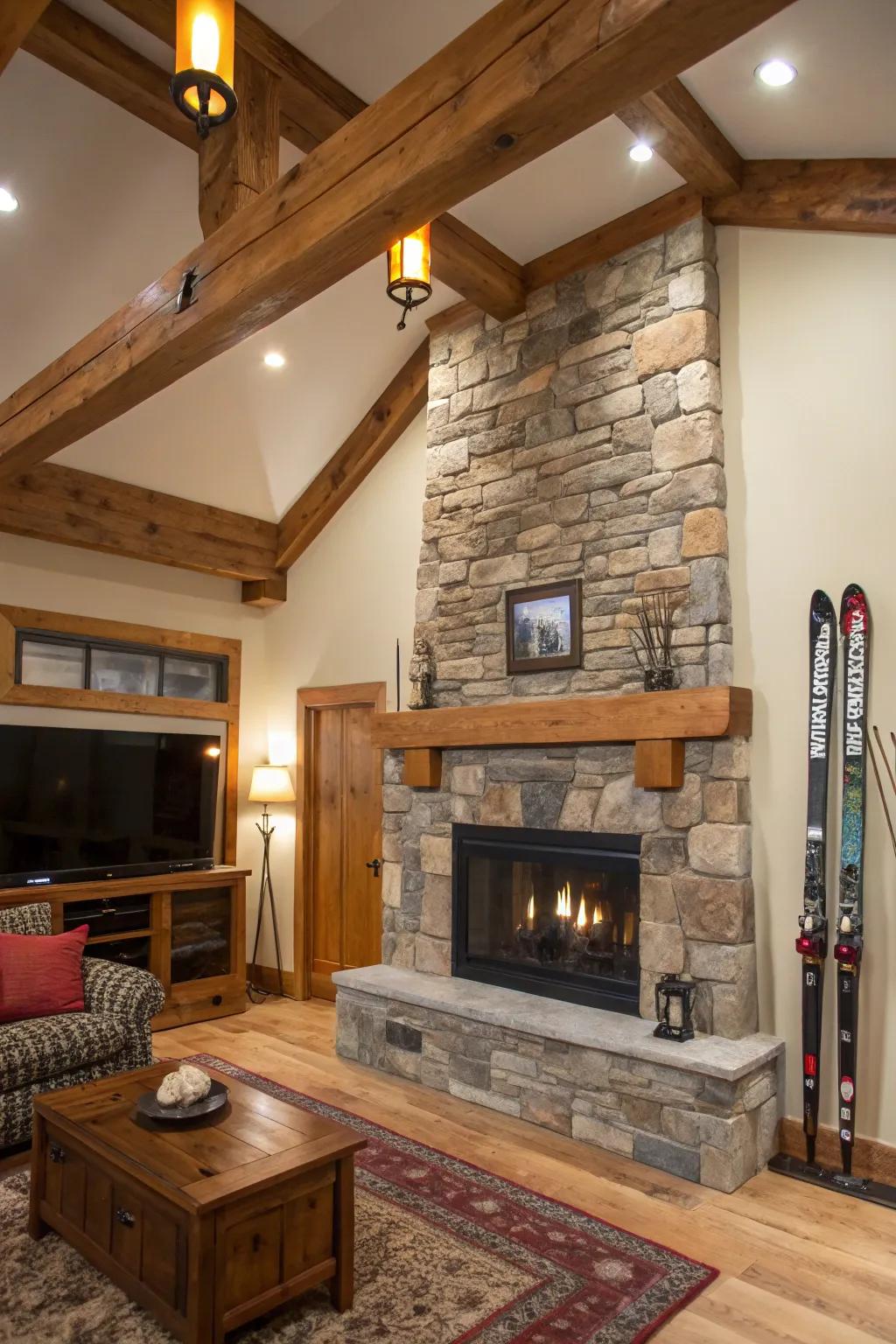 Elevate your living area with a fireplace that radiates the warmth of a ski lodge.