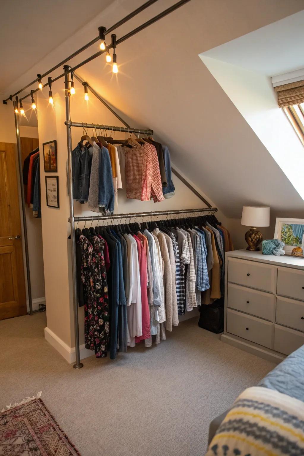 With hanging rods, make the most of your wardrobe space under slanted walls.