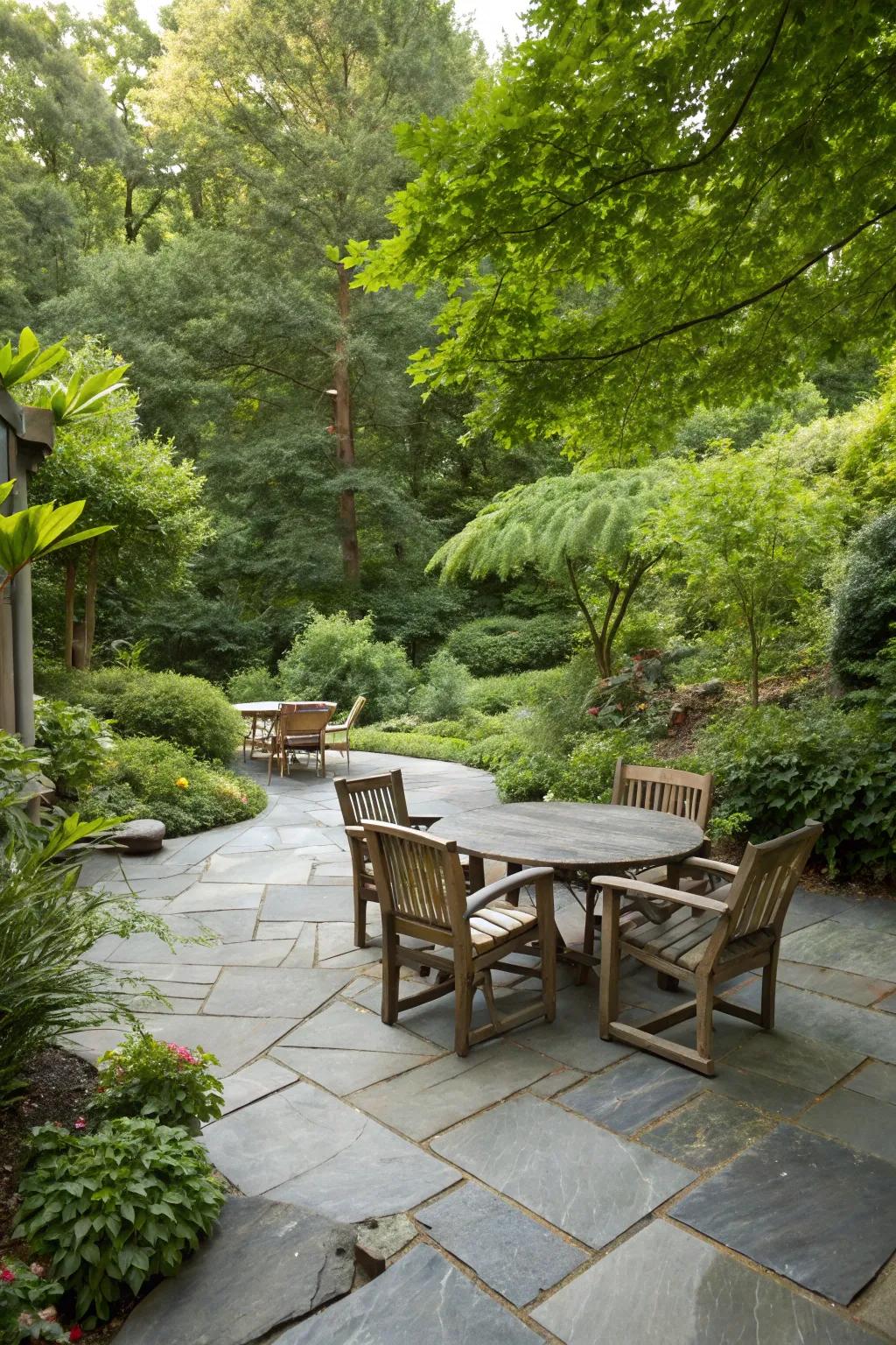 A cozy slate patio with rustic wooden seating.