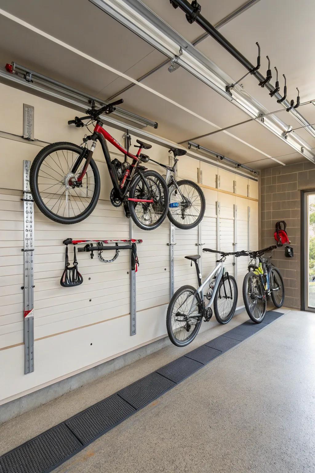 Vertical bike arrangement on a slatwall maintains a clutter-free garage floor.