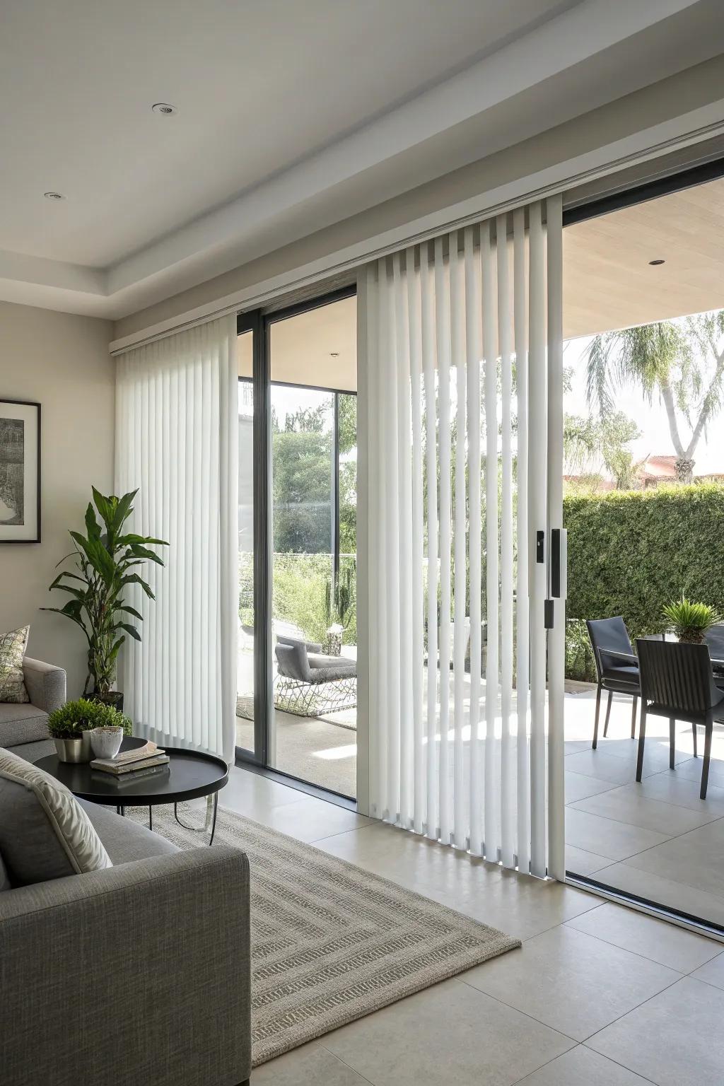 Vertical blinds provide practicality with a modern flair.